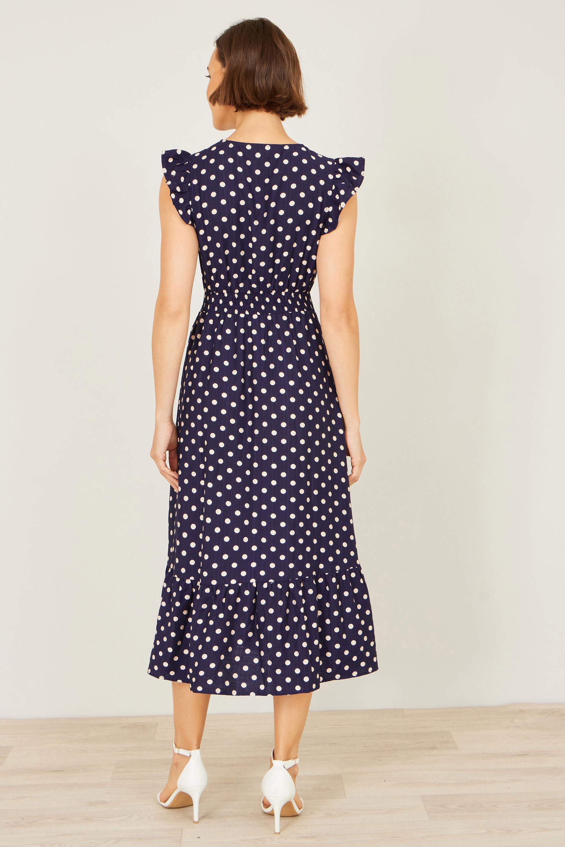 Yumi Navy Spot Ruched Waist Midi Dress Dress Casual Yumi