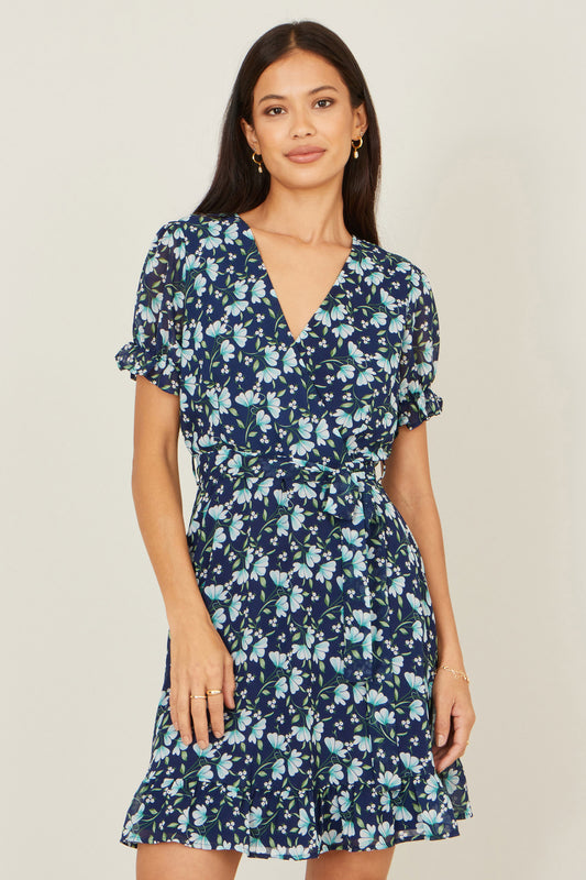Yumi Blue Floral Skater Wrap Dress Dress Casual Yumi