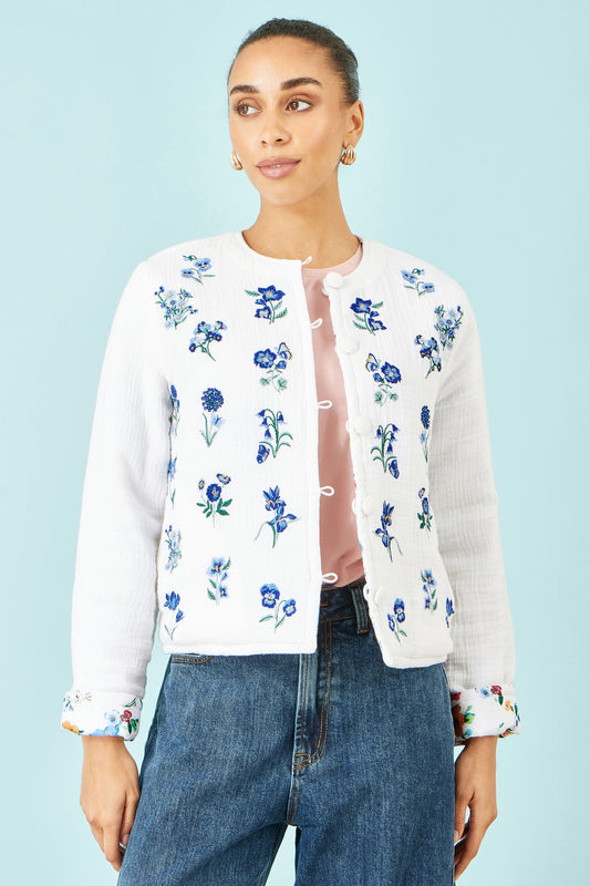 Yumi White Floral Embroidery Reversible Cotton Jacket JACKET Yumi