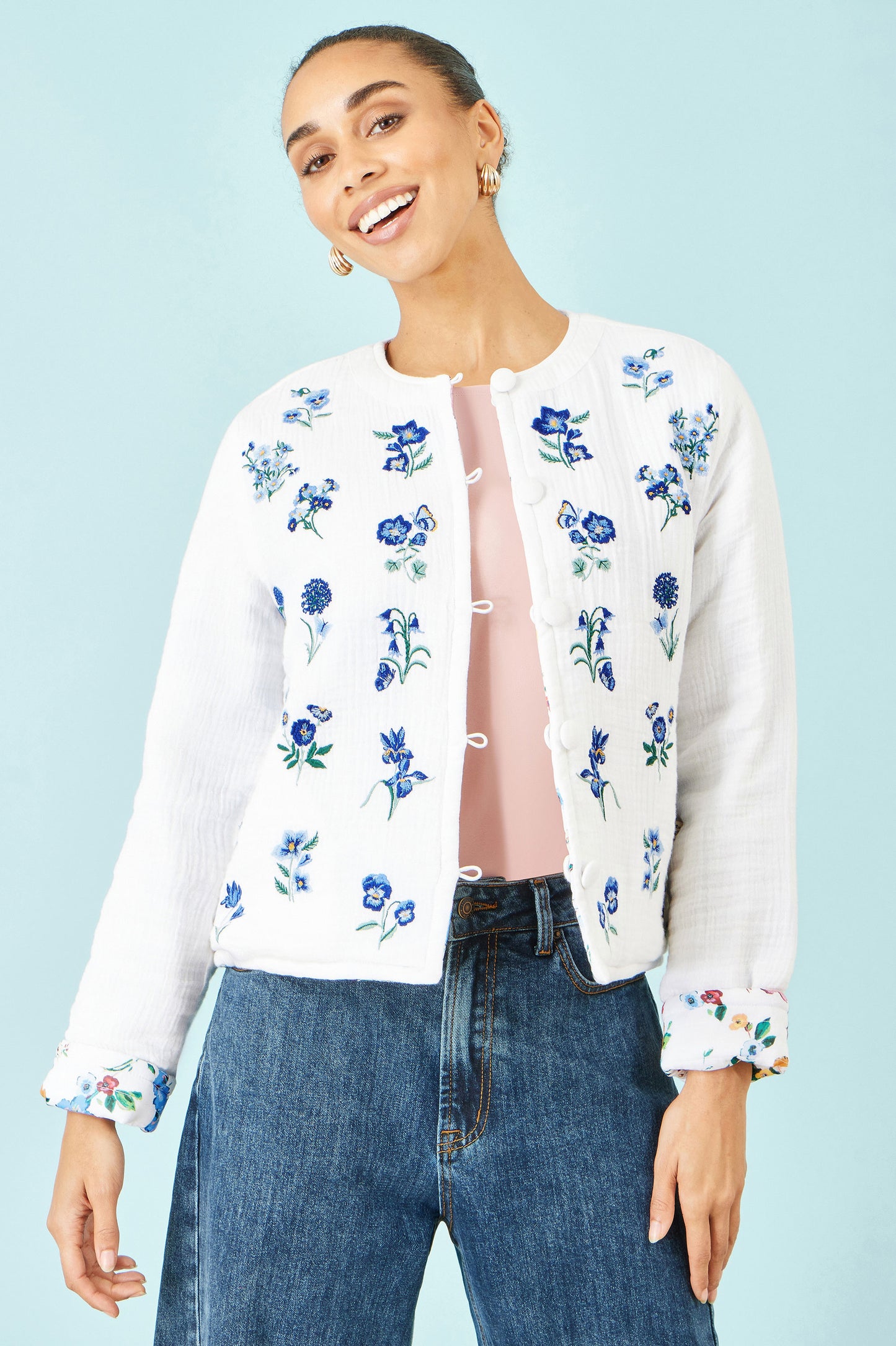 Yumi White Floral Embroidery Reversible Cotton Jacket JACKET Yumi