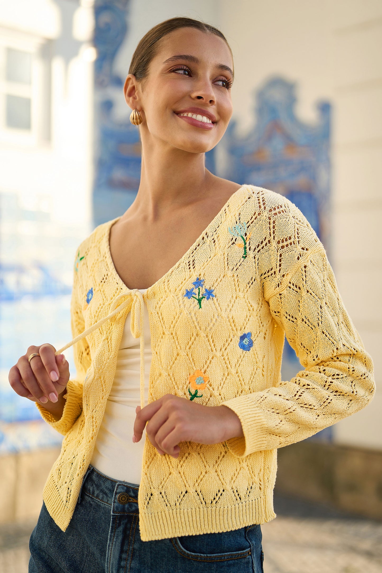 Yumi Butter Yellow Embroidered Pointelle Cardigan Knit Cardigan Yumi