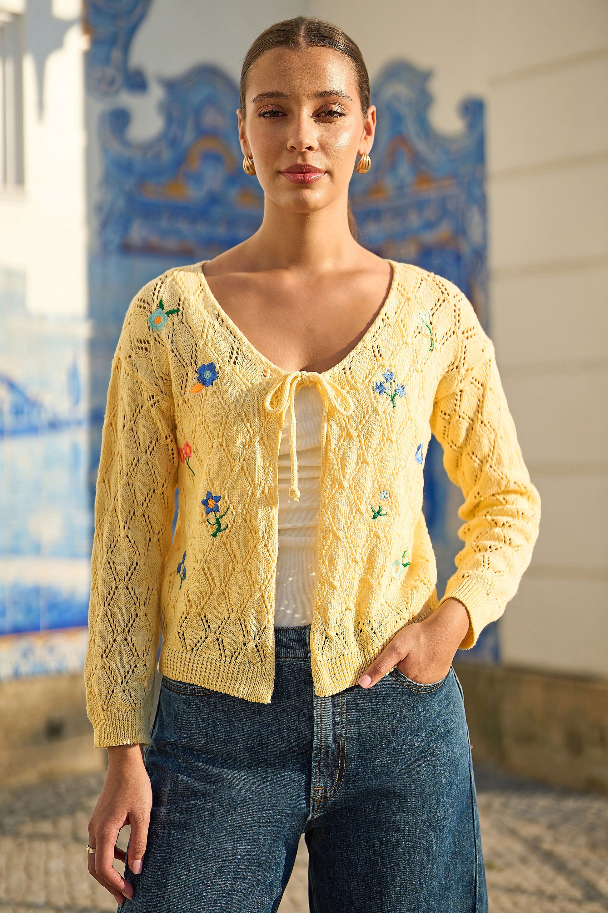 Yumi Butter Yellow Embroidered Pointelle Cardigan Knit Cardigan Yumi