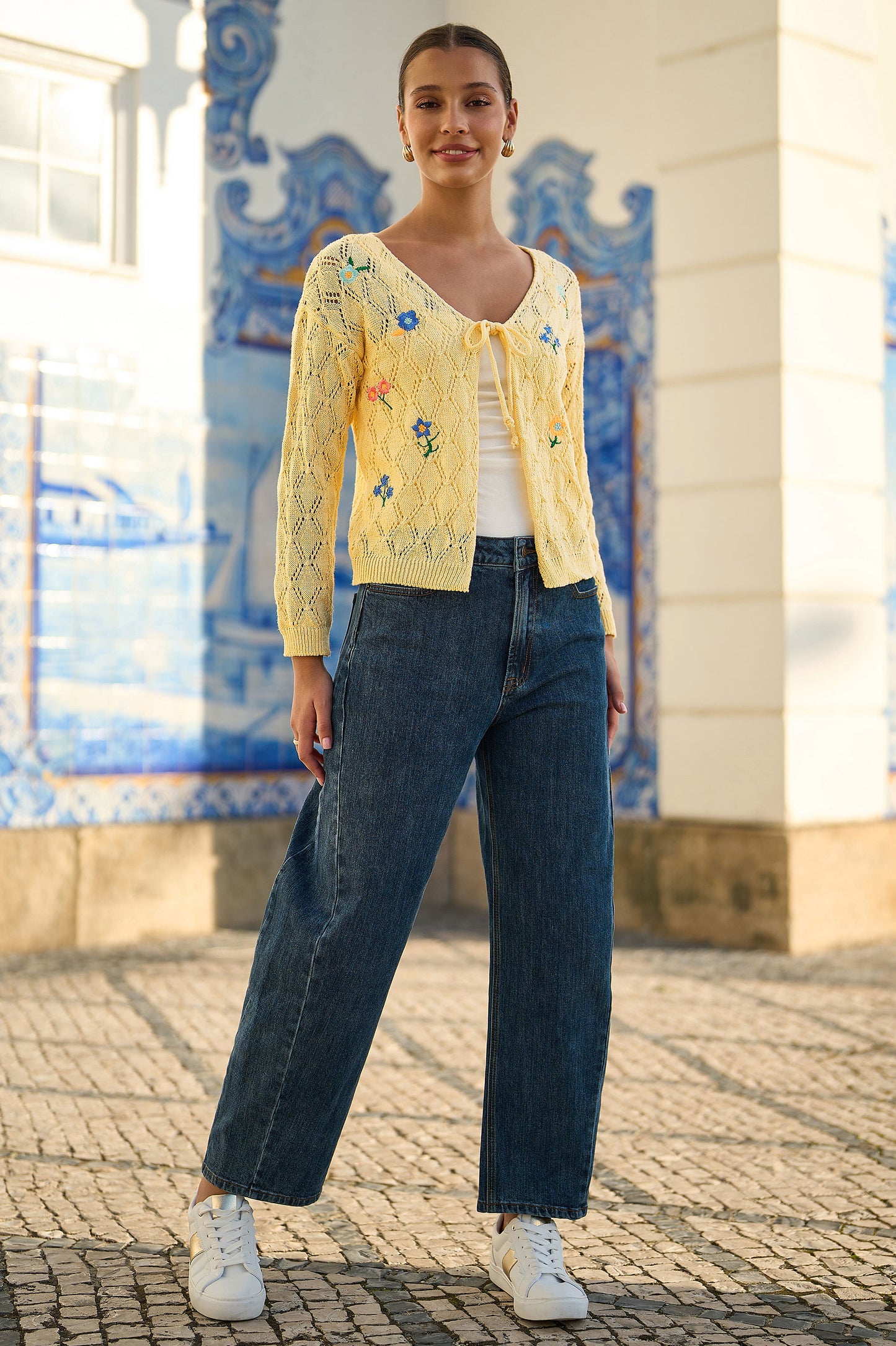 Yumi Butter Yellow Embroidered Pointelle Cardigan Knit Cardigan Yumi