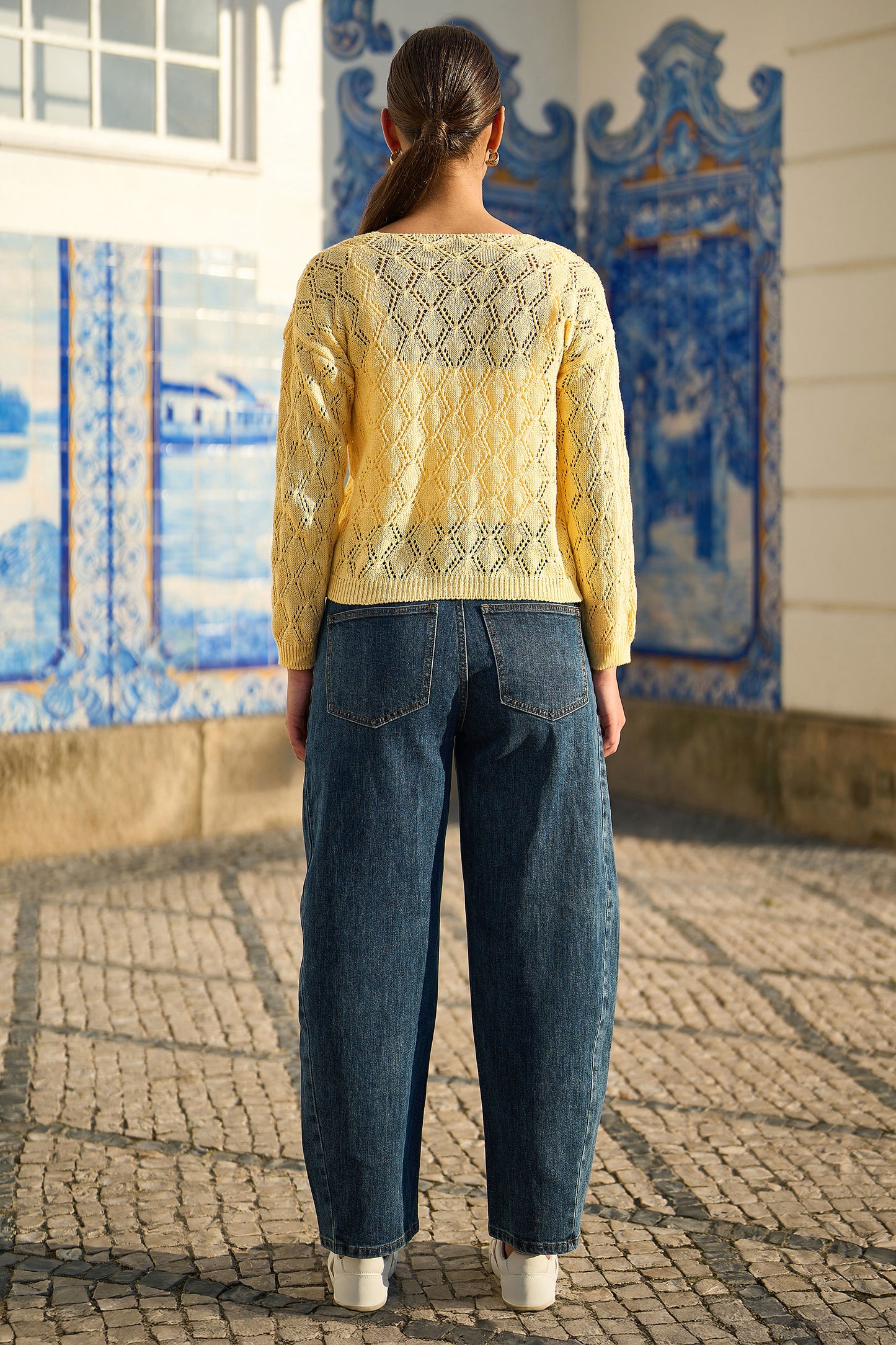 Yumi Butter Yellow Embroidered Pointelle Cardigan Knit Cardigan Yumi