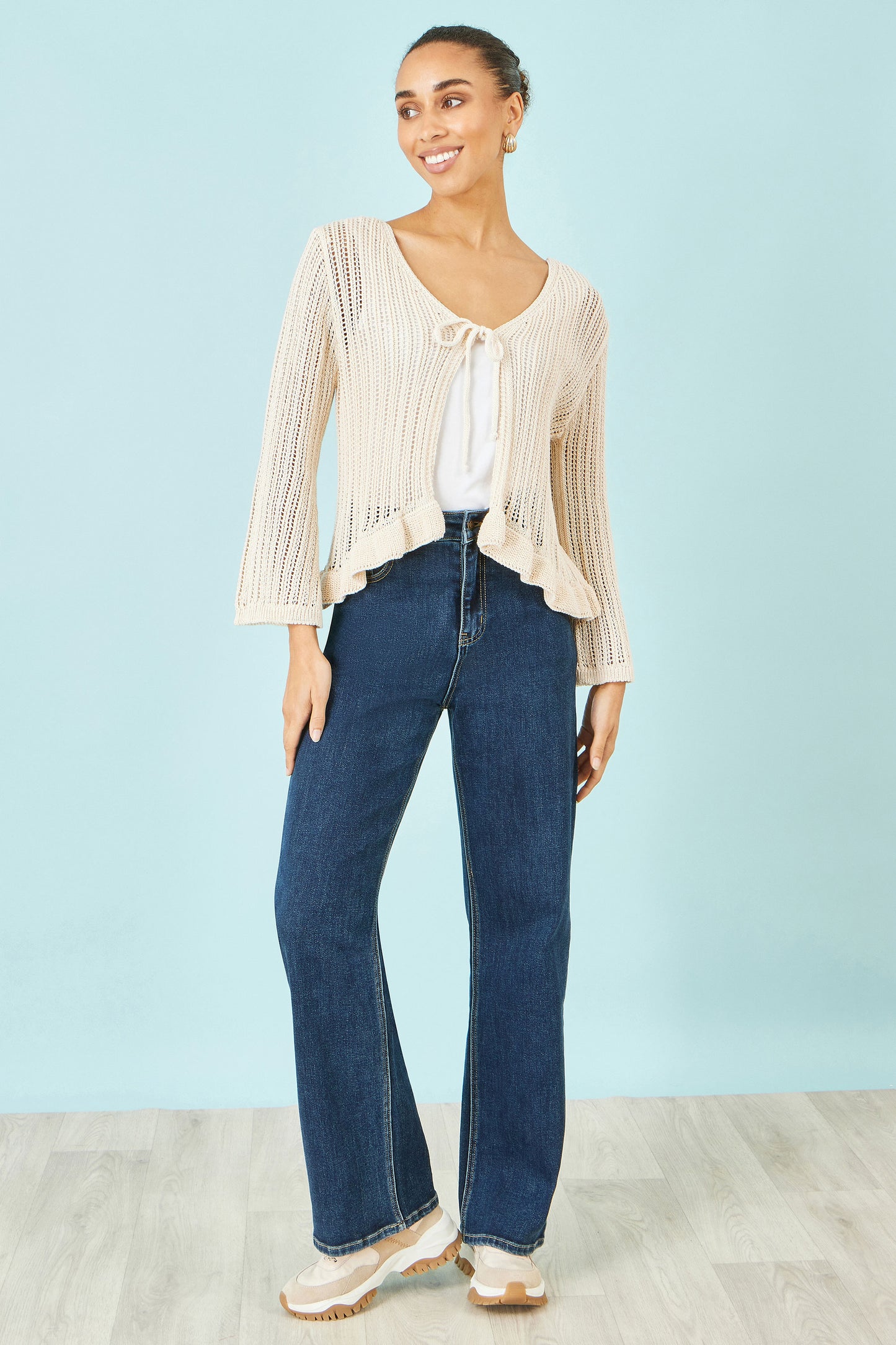 Yumi Beige Tie Front Pointelle Cardigan Knit Cardigan Yumi