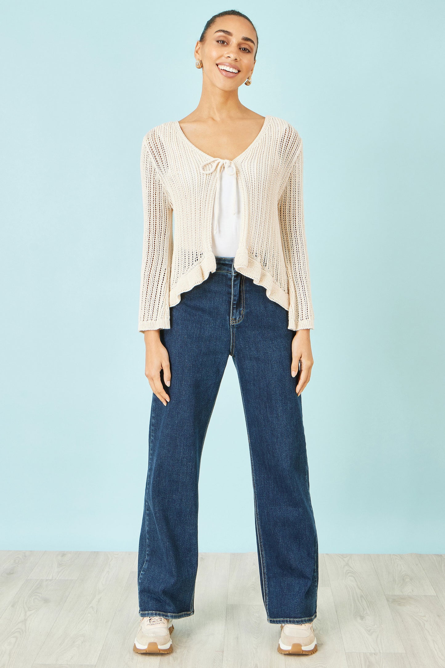 Yumi Beige Tie Front Pointelle Cardigan Knit Cardigan Yumi