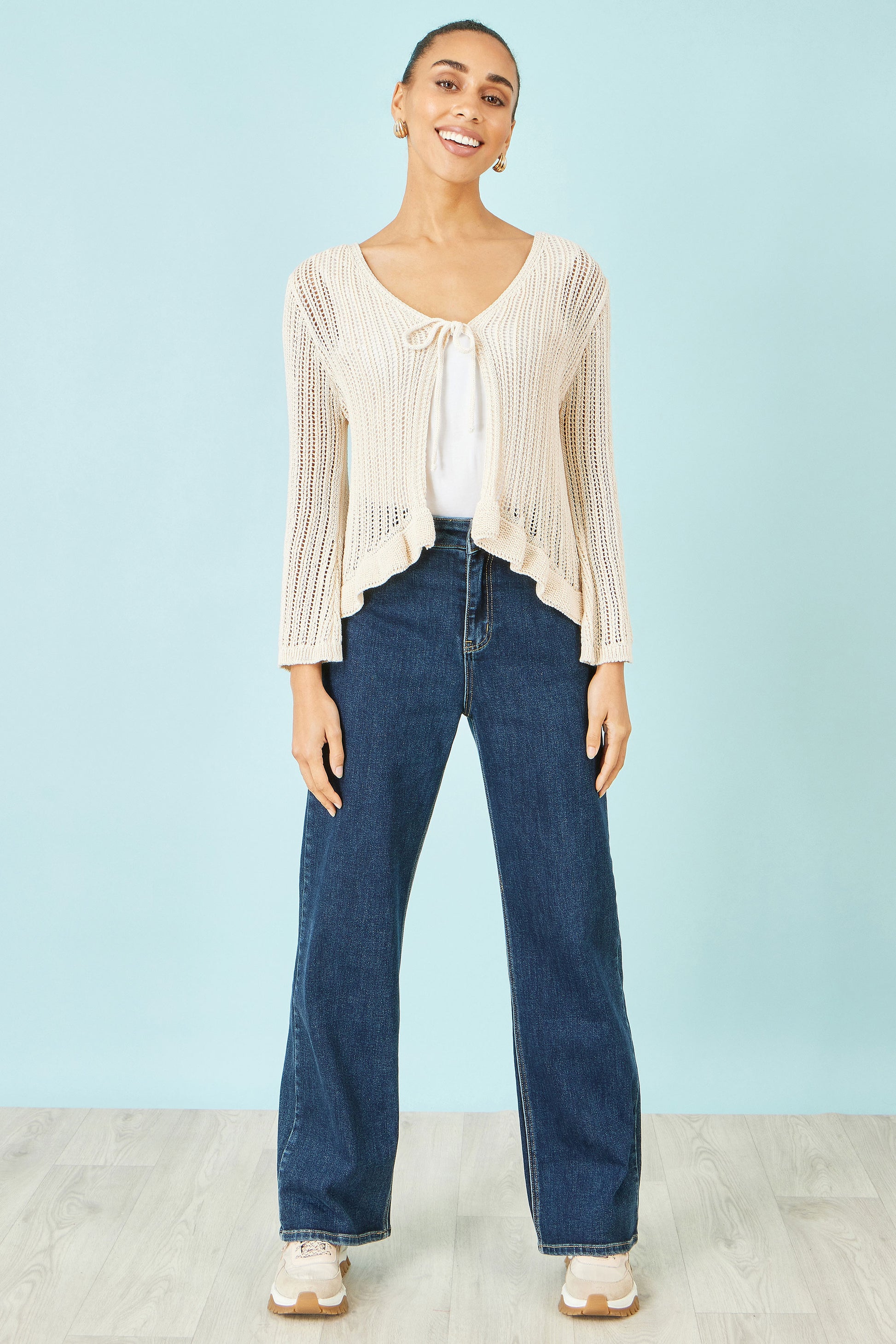 Yumi Beige Tie Front Pointelle Cardigan Knit Cardigan Yumi