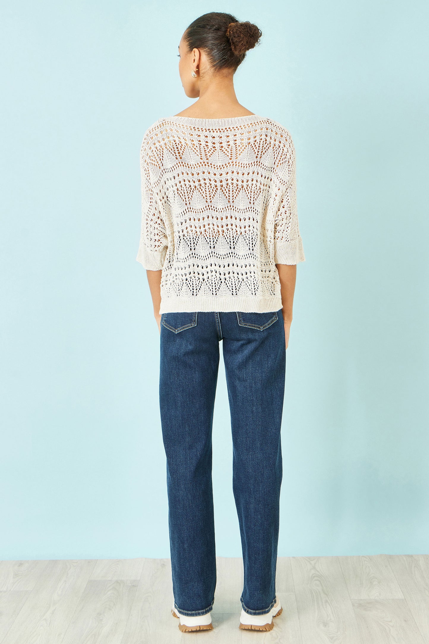 Yumi Beige Cotton Mix Relaxed Fit Pointelle Jumper Knit Jumper Yumi