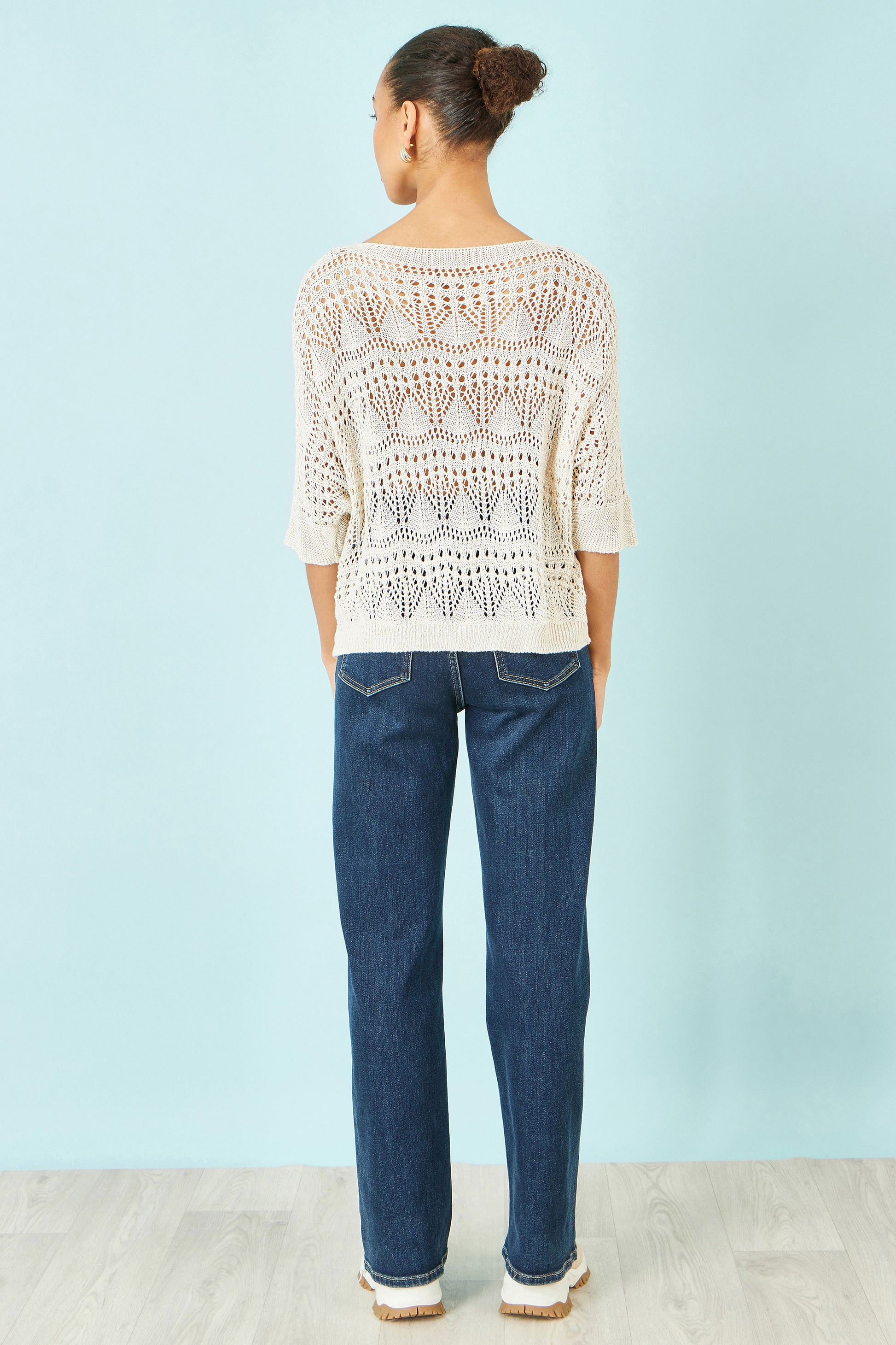 Yumi Beige Cotton Mix Relaxed Fit Pointelle Jumper Knit Jumper Yumi