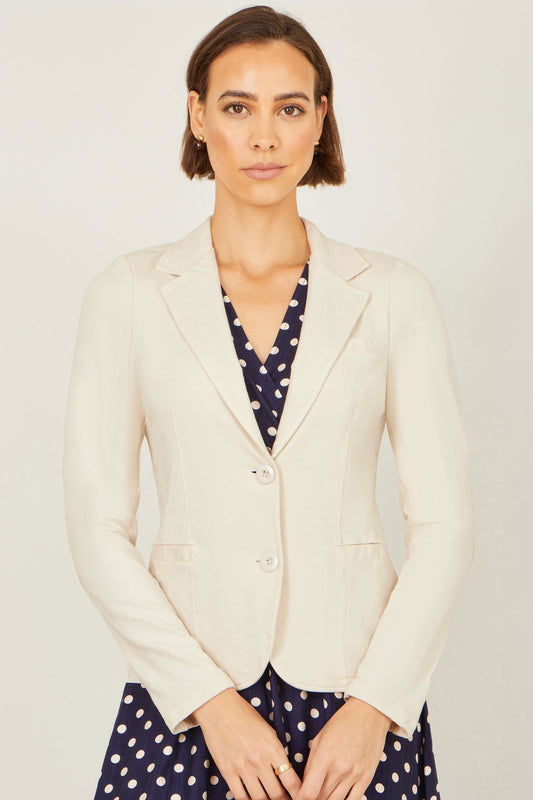 Yumi Beige Stretch Cotton Blazer Outerwear Yumi