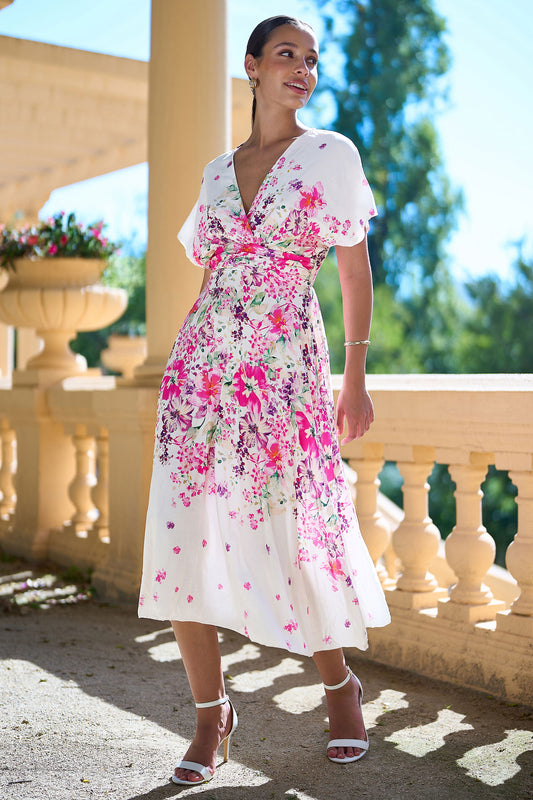 Yumi Pink Mirror Floral Print Ruched Waist Kimono Midi Dress Dress Casual Yumi