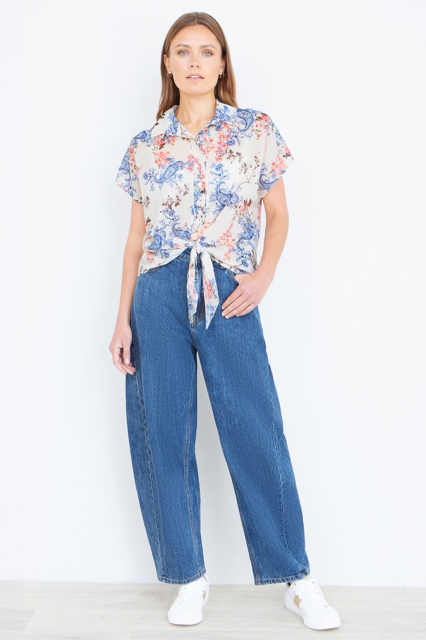 Yumi White Cotton Paisley Print Tie Knot Shirt SHIRT Yumi