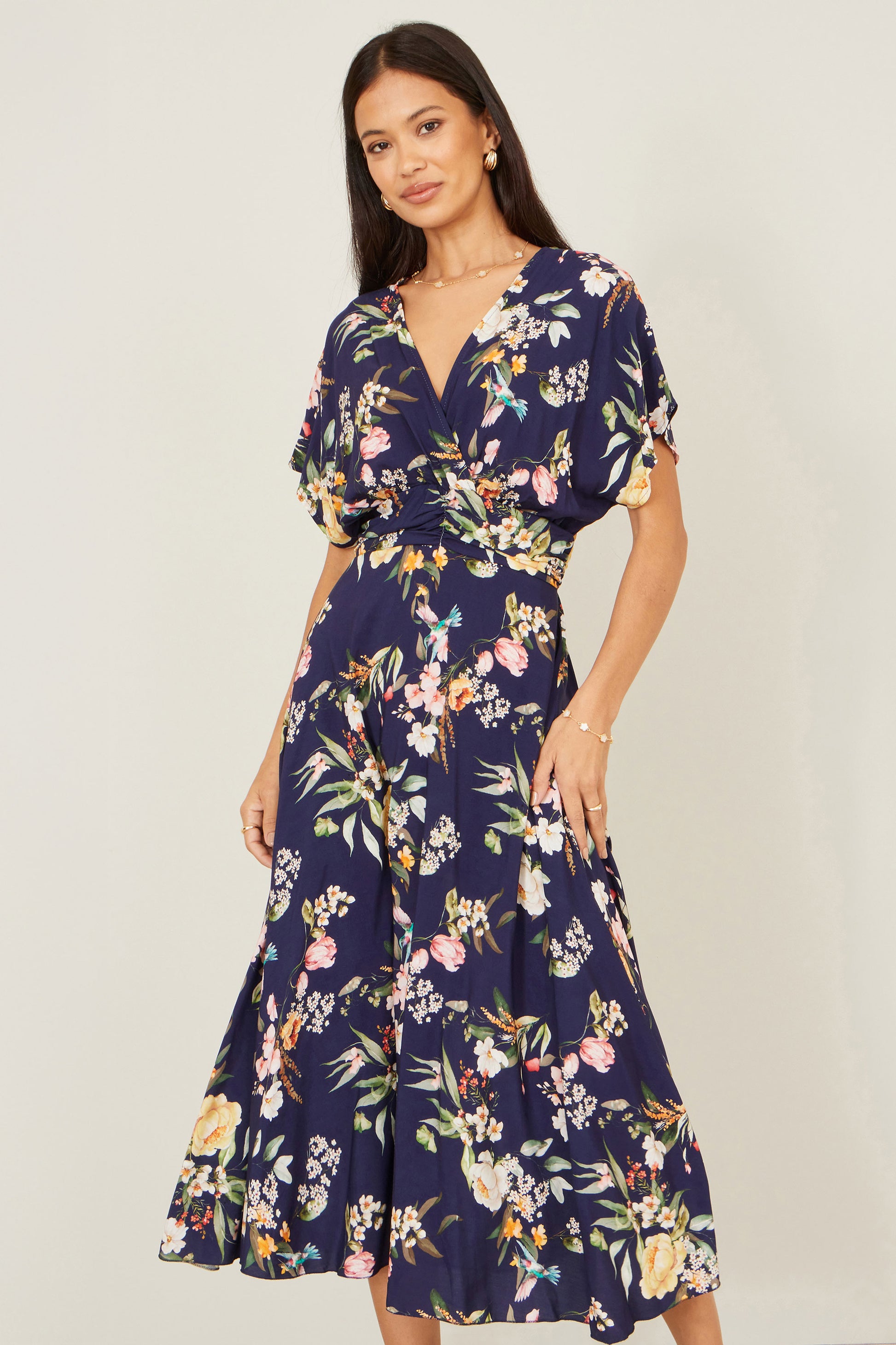 Yumi Navy Viscose Floral Print Midi Dress With Ruched Waist Dress Casual Yumi