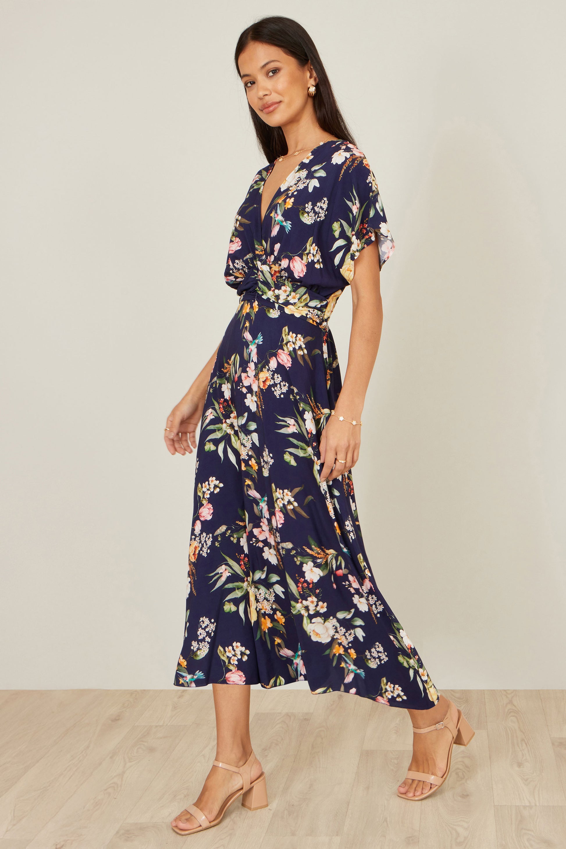 Yumi Navy Viscose Floral Print Midi Dress With Ruched Waist Dress Casual Yumi