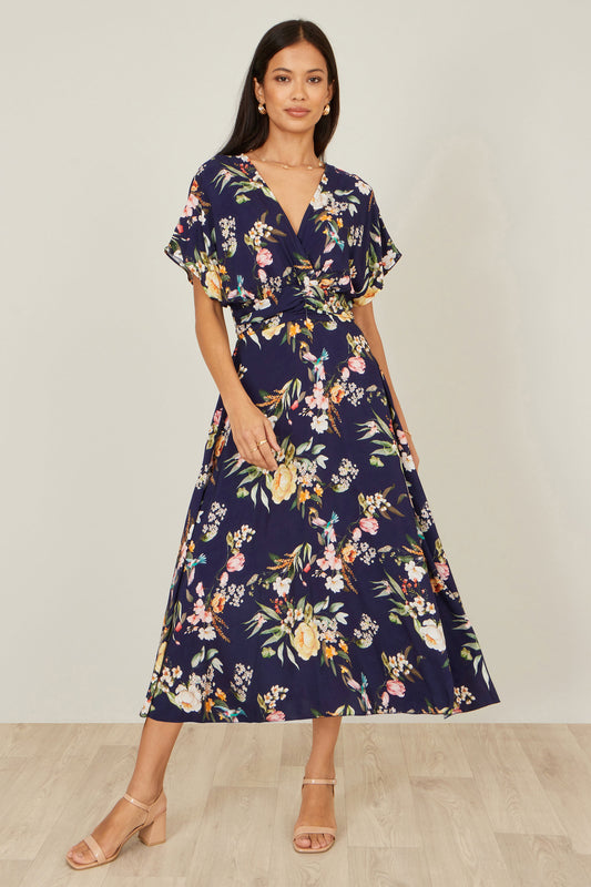 Yumi Navy Viscose Floral Print Midi Dress With Ruched Waist Dress Casual Yumi