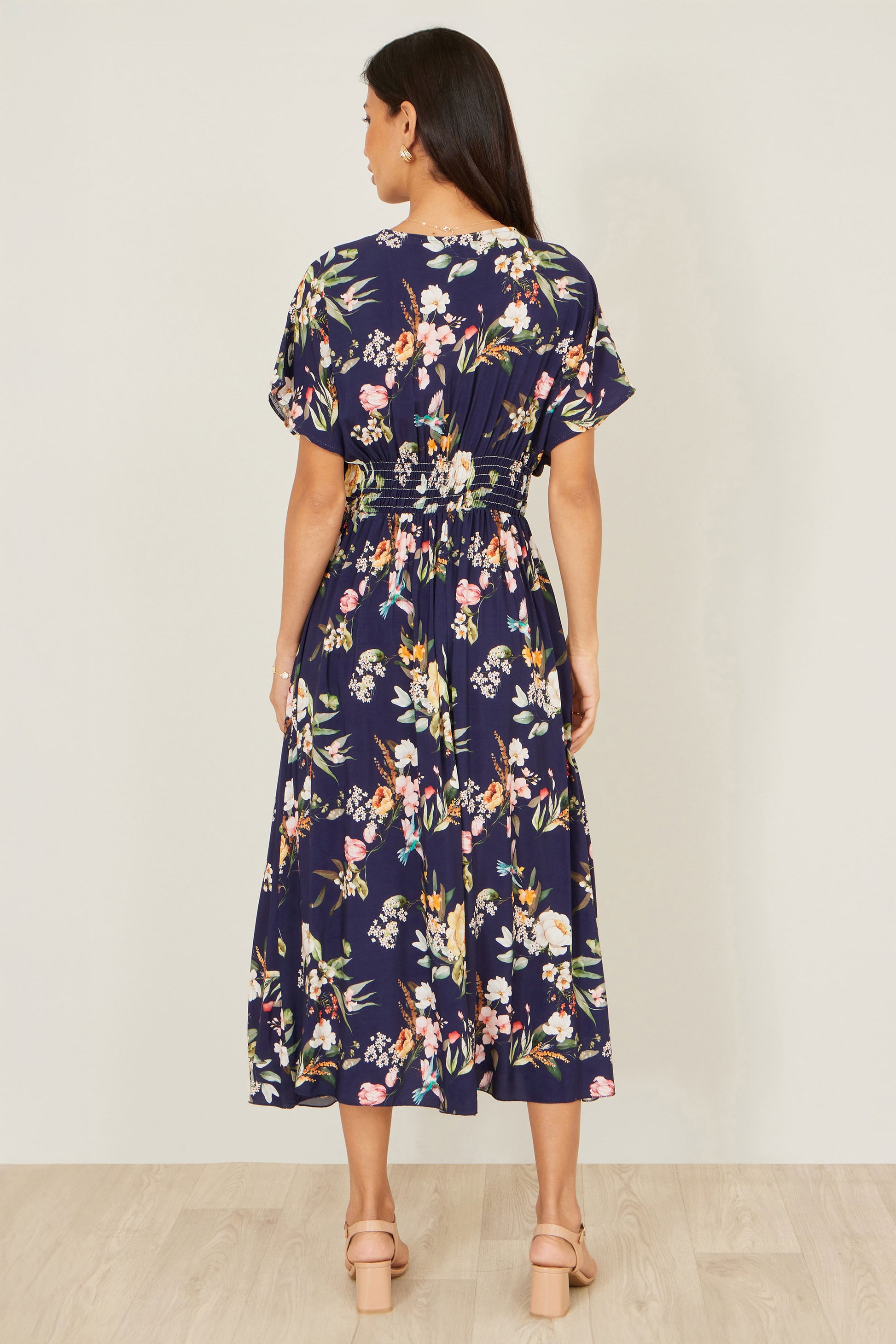 Yumi Navy Viscose Floral Print Midi Dress With Ruched Waist Dress Casual Yumi