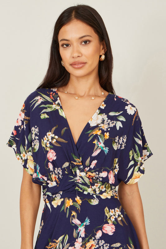 Yumi Navy Viscose Floral Print Midi Dress With Ruched Waist Dress Casual Yumi