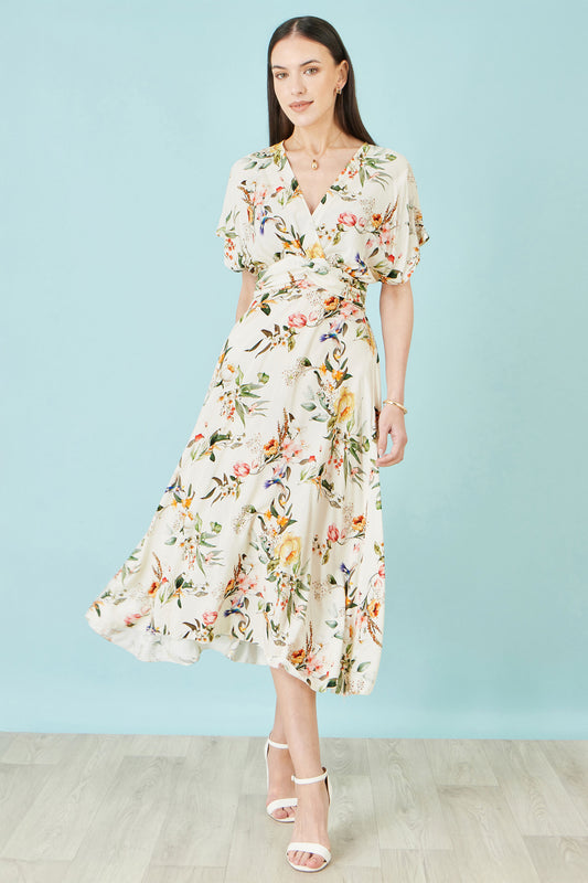 Yumi Ivory Viscose Floral Print Midi Dress With Ruched Waist Dress Casual Yumi