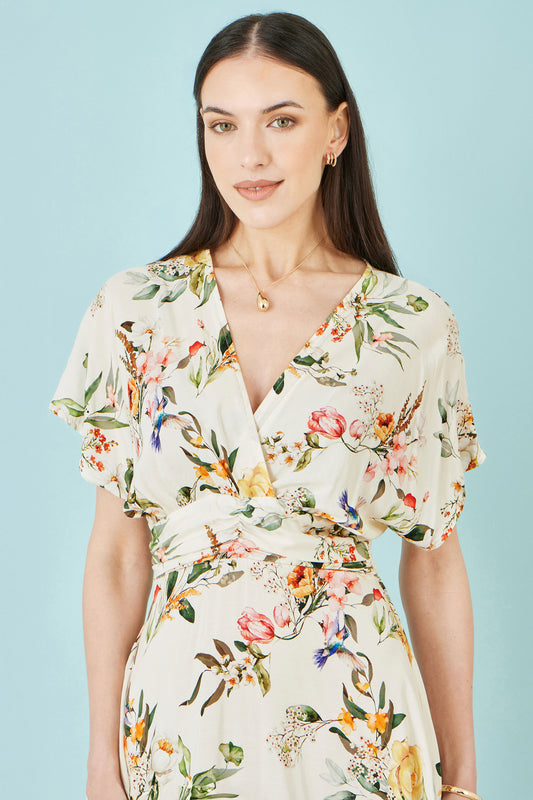 Yumi Ivory Viscose Floral Print Midi Dress With Ruched Waist Dress Casual Yumi
