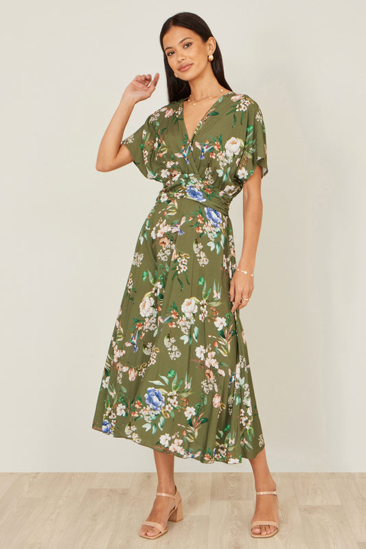 Yumi Sage Green Viscose Floral Print Midi Dress With Ruched Waist Dress Casual Yumi