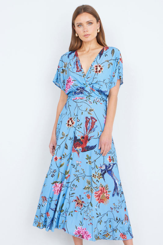Yumi Blue Viscose Bird And Floral Print Midi Dress With Ruched Waist Dress Casual Yumi