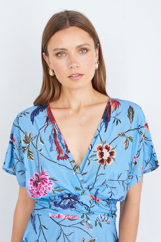 Yumi Blue Viscose Bird And Floral Print Midi Dress With Ruched Waist Dress Casual Yumi