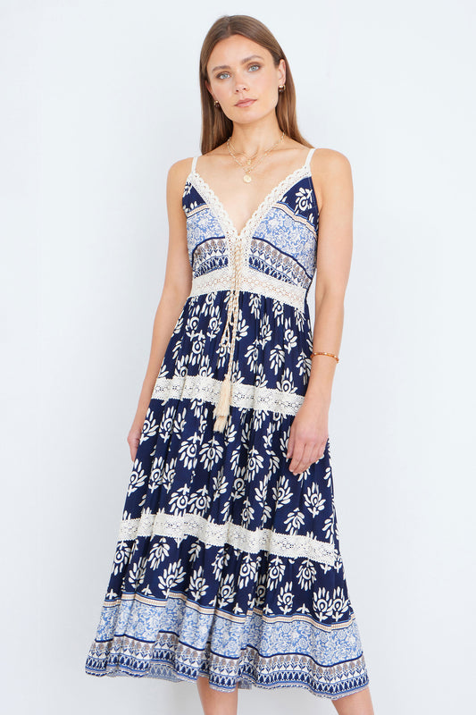 Yumi Navy Viscose Paisley Print Midi Sun Dress Beachwear Yumi