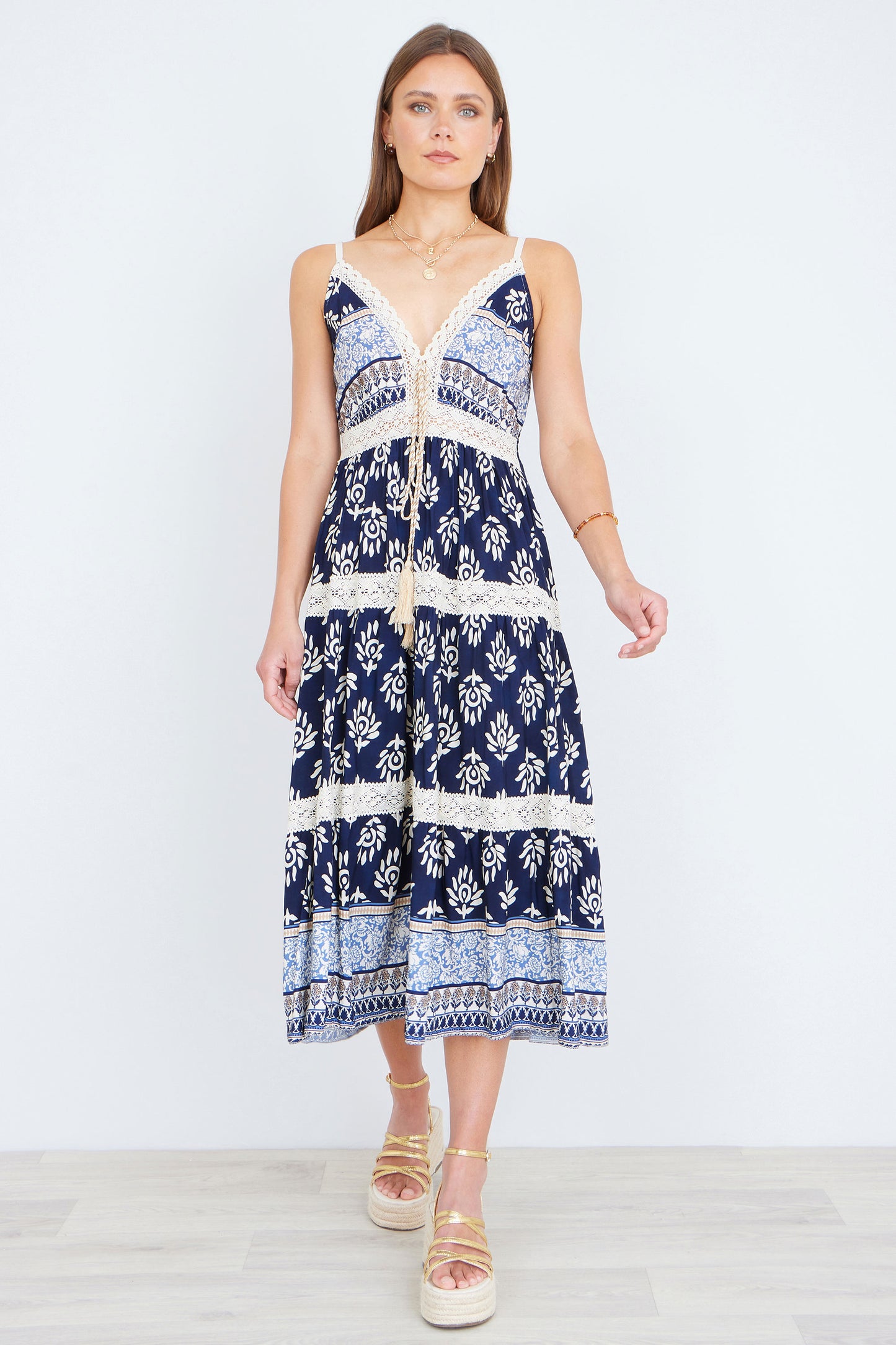 Yumi Navy Viscose Paisley Print Midi Sun Dress Beachwear Yumi