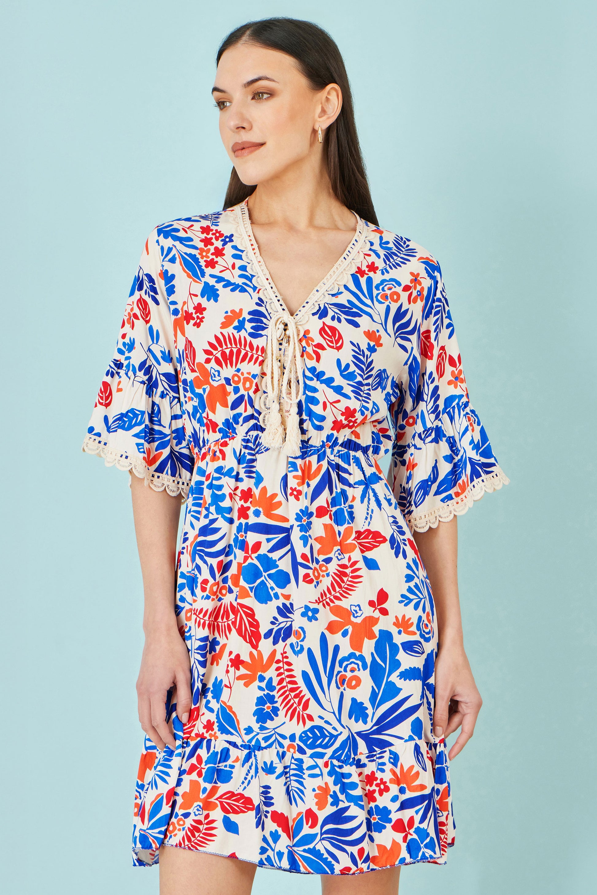 Yumi Multicolour Leaf Print Viscose Kimono Sleeve Tunic Beachwear Yumi