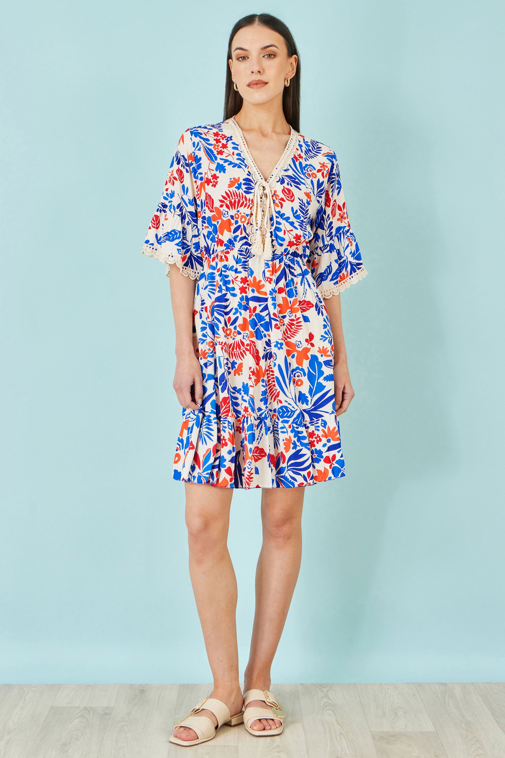 Yumi Multicolour Leaf Print Viscose Kimono Sleeve Tunic Beachwear Yumi