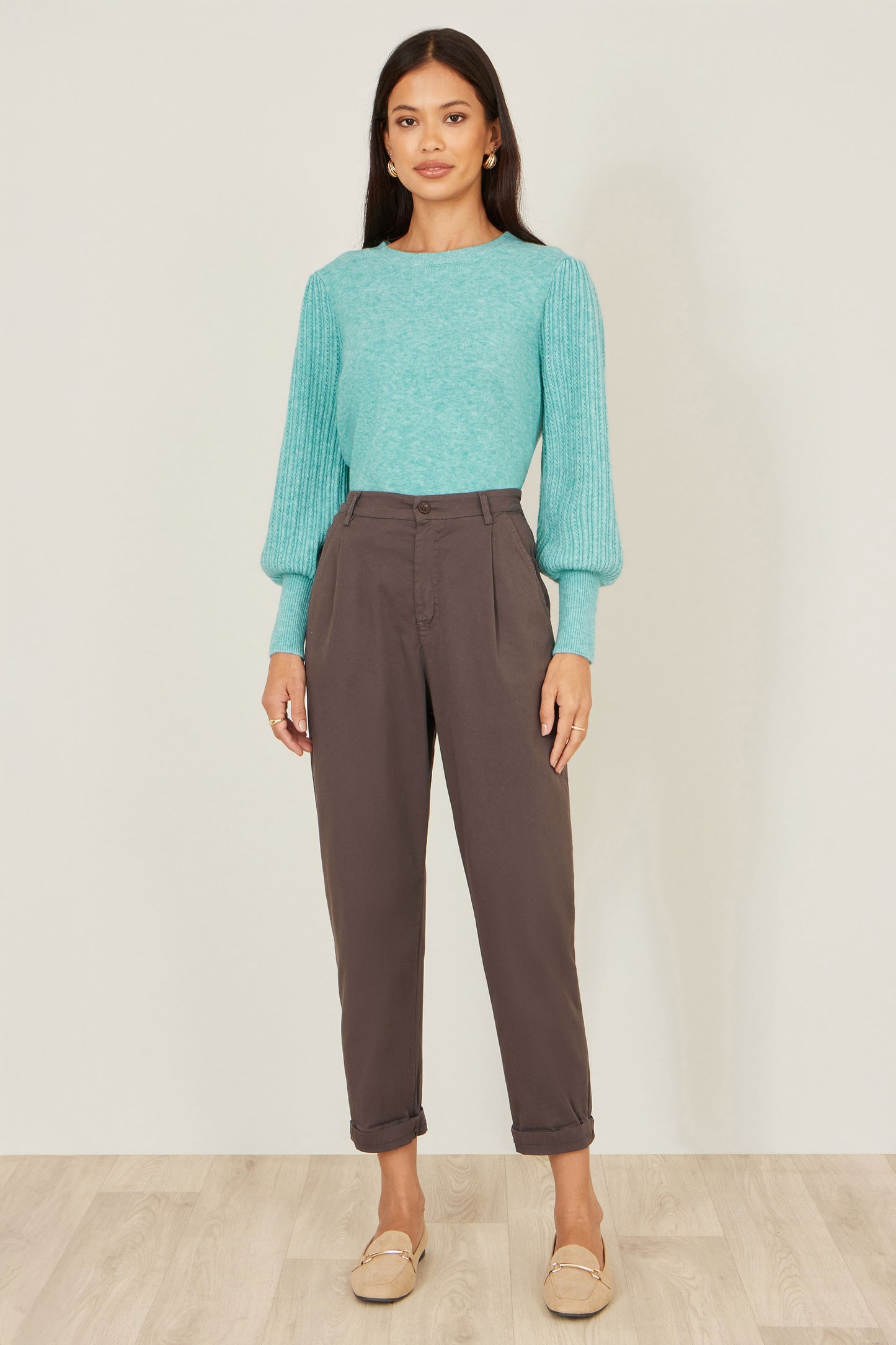 Yumi Brown Cotton Canvas Chino Trousers TROUSER Yumi