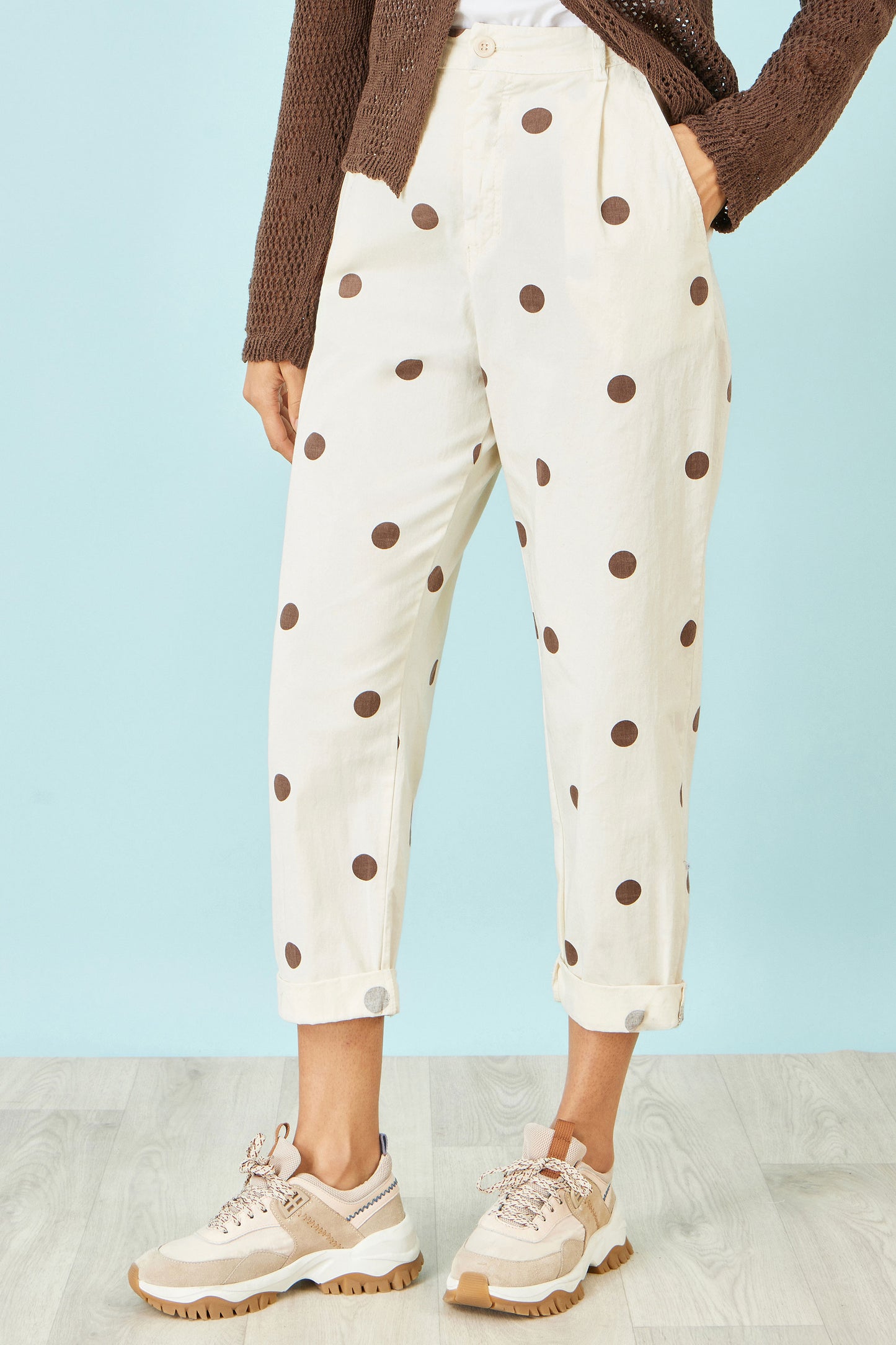 Yumi Brown Spot Print Cotton Canvas Chinos TROUSER Yumi