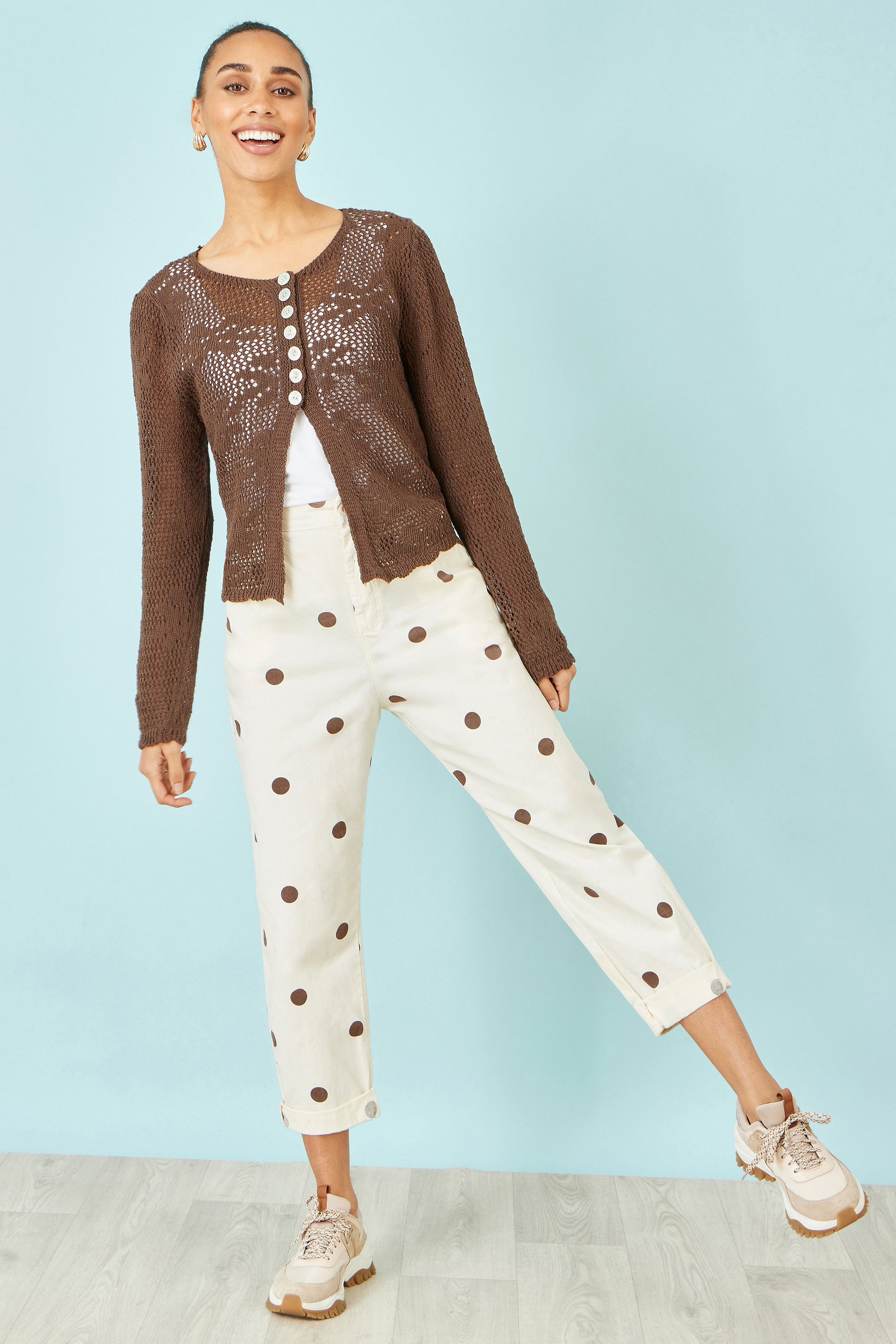 Yumi Brown Spot Print Cotton Canvas Chinos TROUSER Yumi