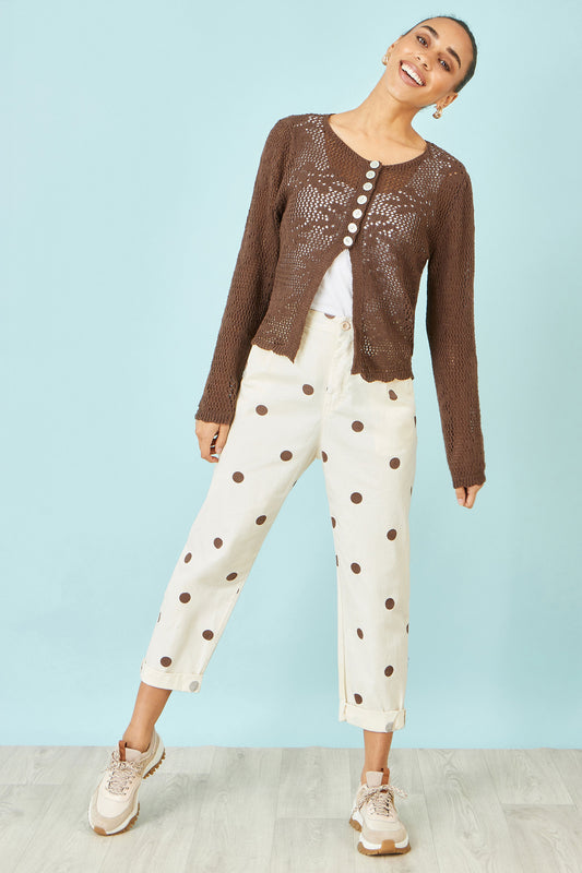 Yumi Brown Spot Print Cotton Canvas Chinos TROUSER Yumi