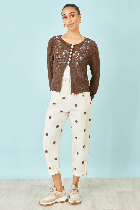 Yumi Brown Spot Print Cotton Canvas Chinos TROUSER Yumi