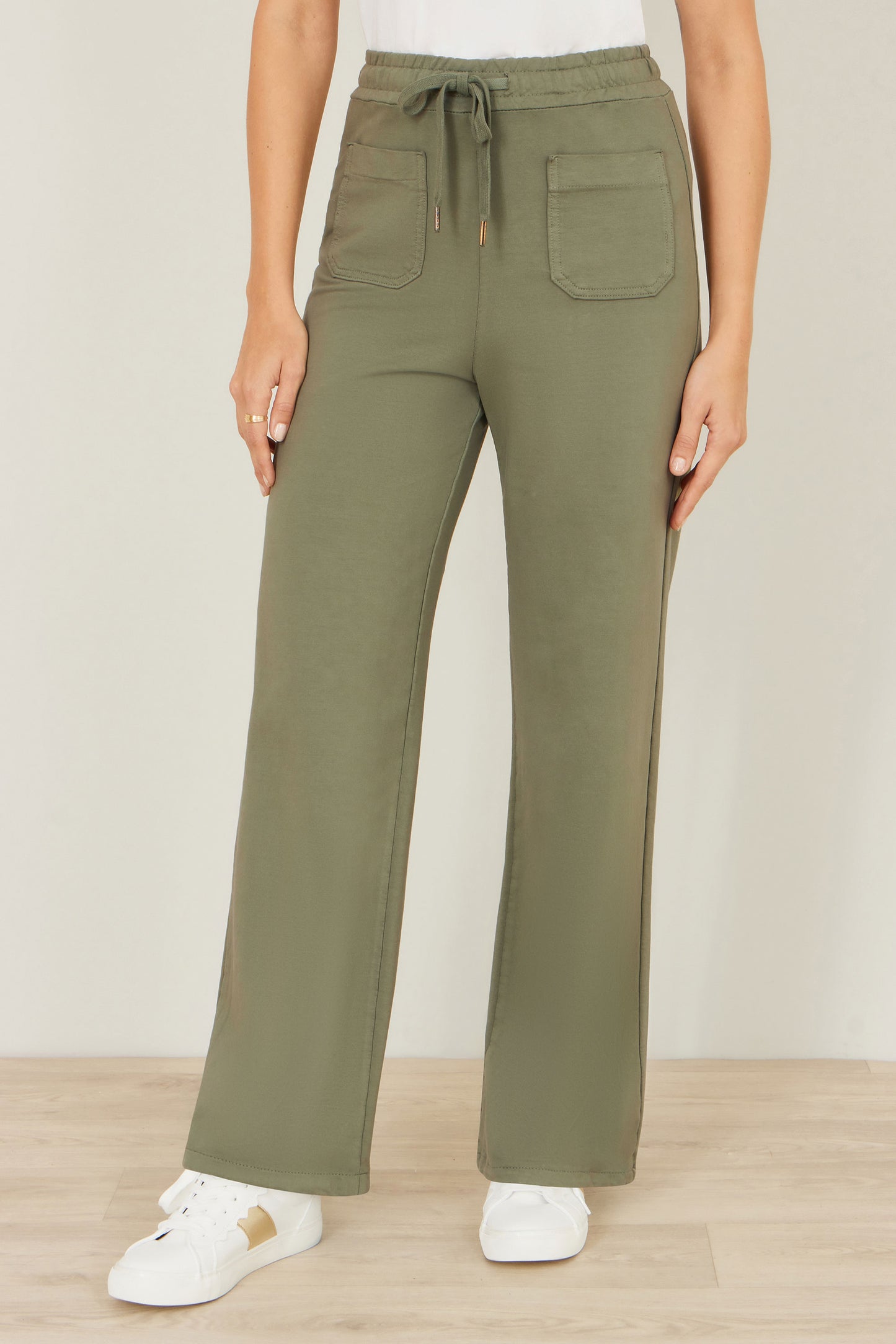 Yumi Khaki Relaxed Stretch Wide Leg Trousers With Pockets TROUSER Yumi