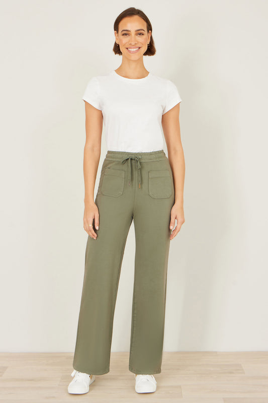 Yumi Khaki Relaxed Stretch Wide Leg Trousers With Pockets TROUSER Yumi