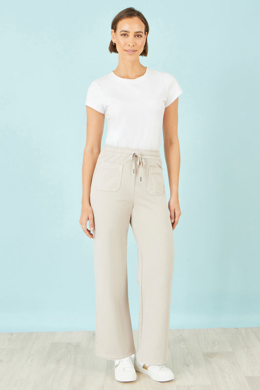 Yumi Cream Relaxed Stretch Wide Leg Trousers With Pockets TROUSER Yumi