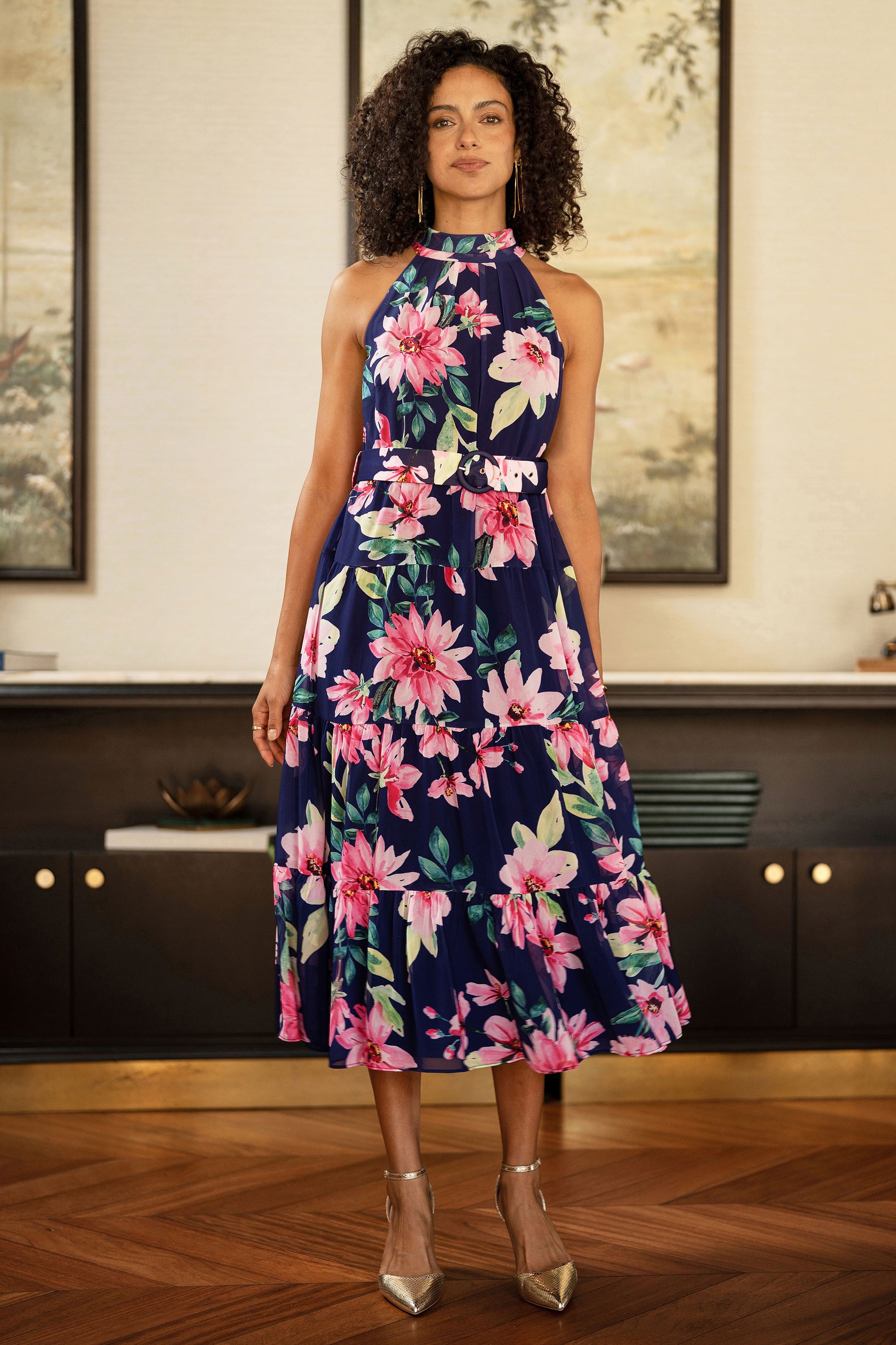 Yumi Navy Floral Halter Neck Midi Dress With Matching Belt Dress Occasion Yumi