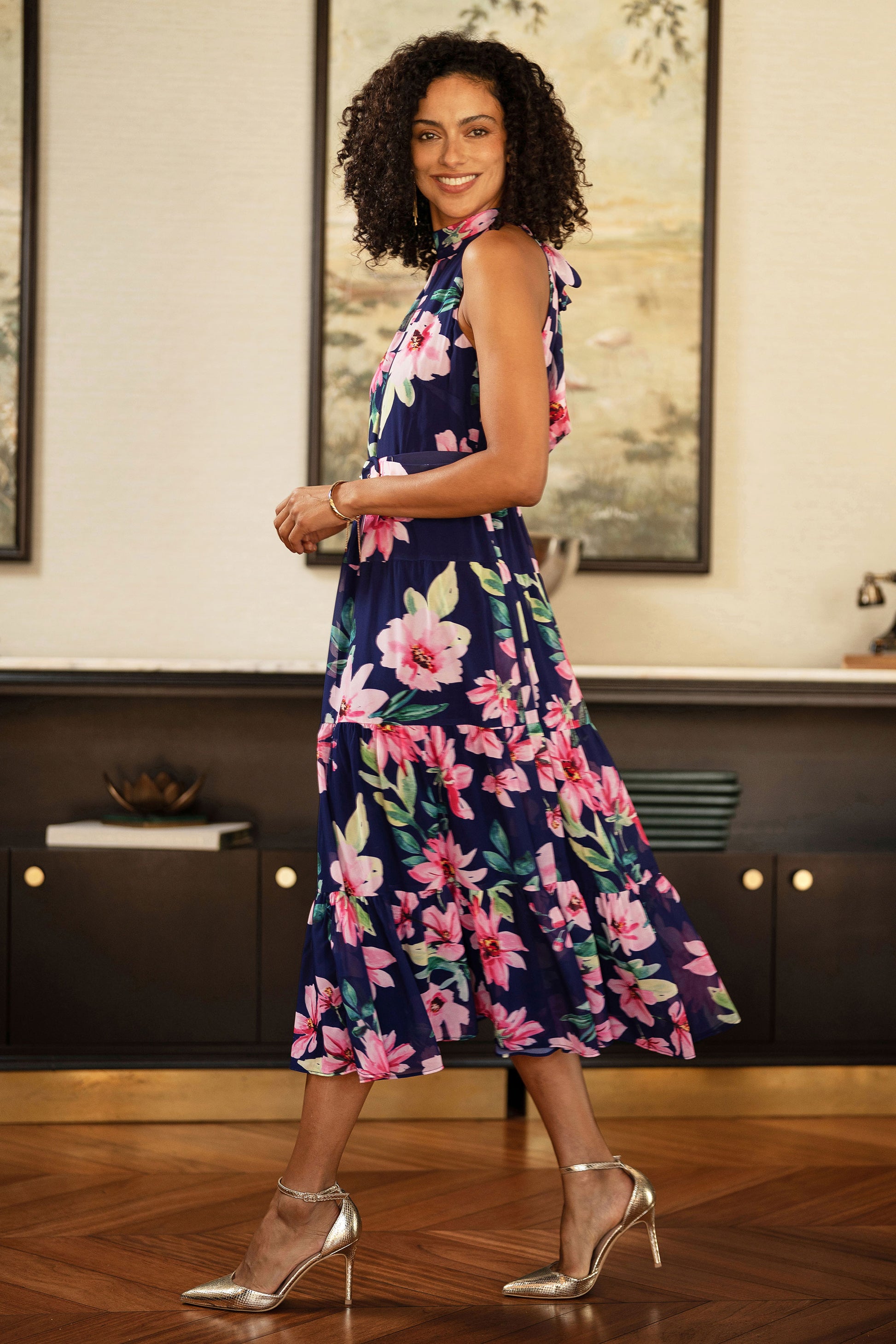 Yumi Navy Floral Halter Neck Midi Dress With Matching Belt Dress Occasion Yumi