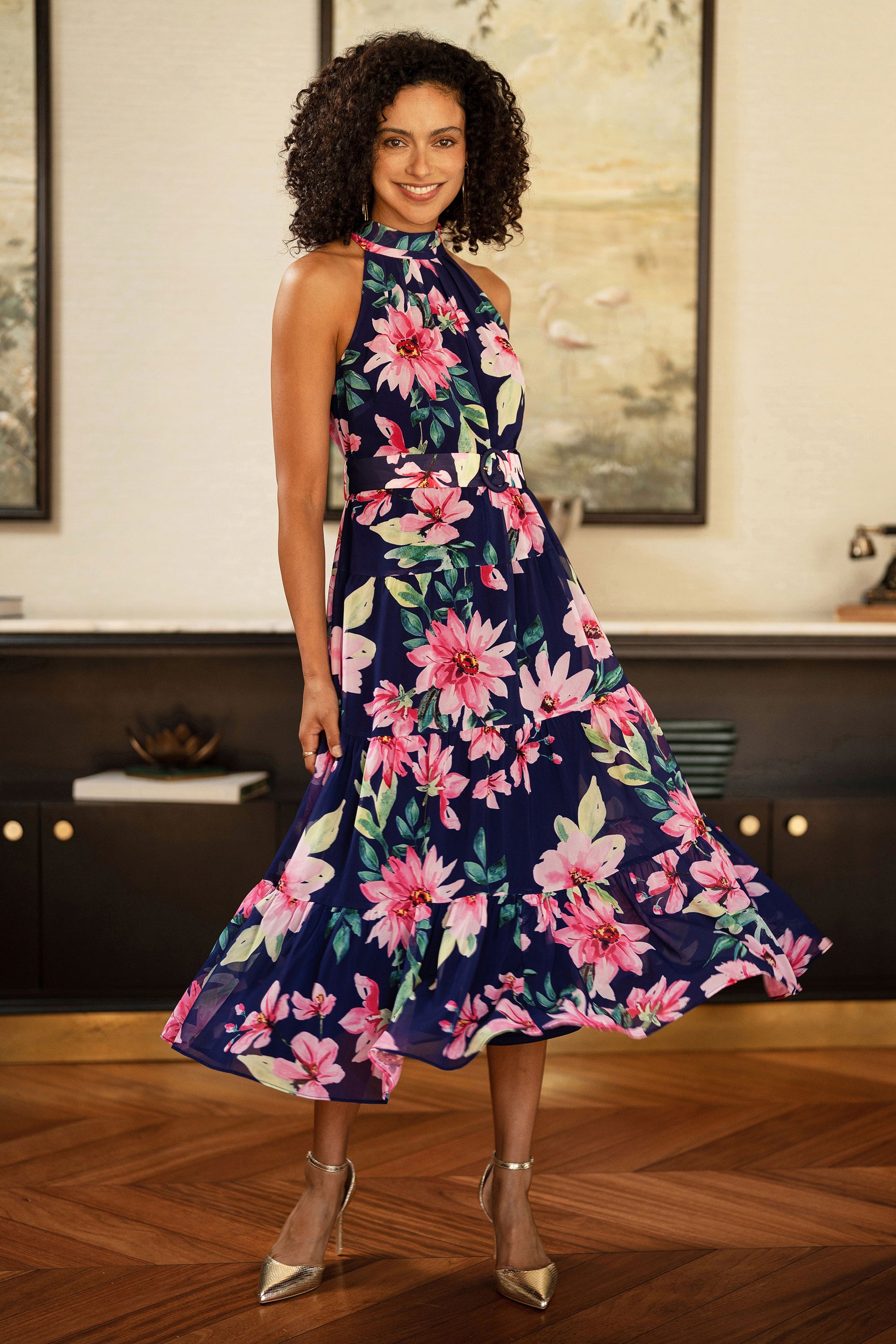 Yumi Navy Floral Halter Neck Midi Dress With Matching Belt Dress Occasion Yumi