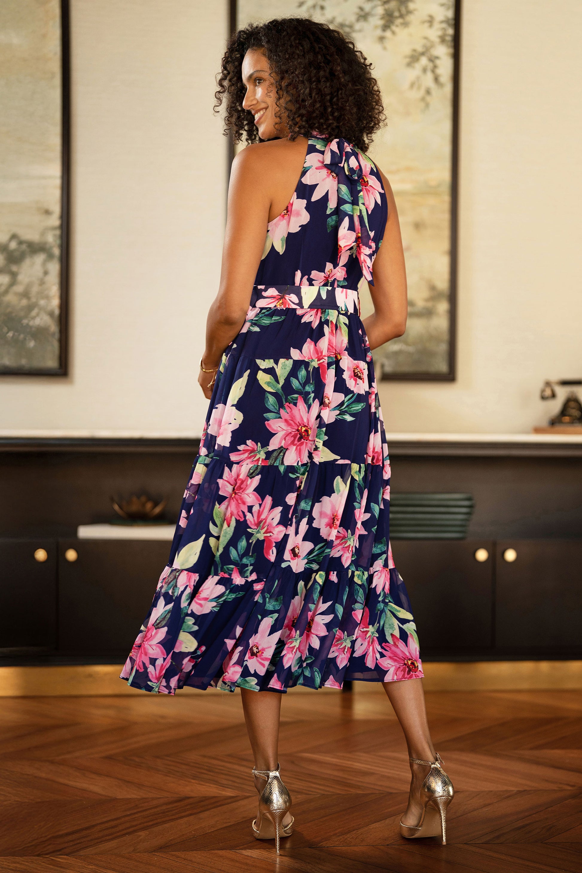 Yumi Navy Floral Halter Neck Midi Dress With Matching Belt Dress Occasion Yumi