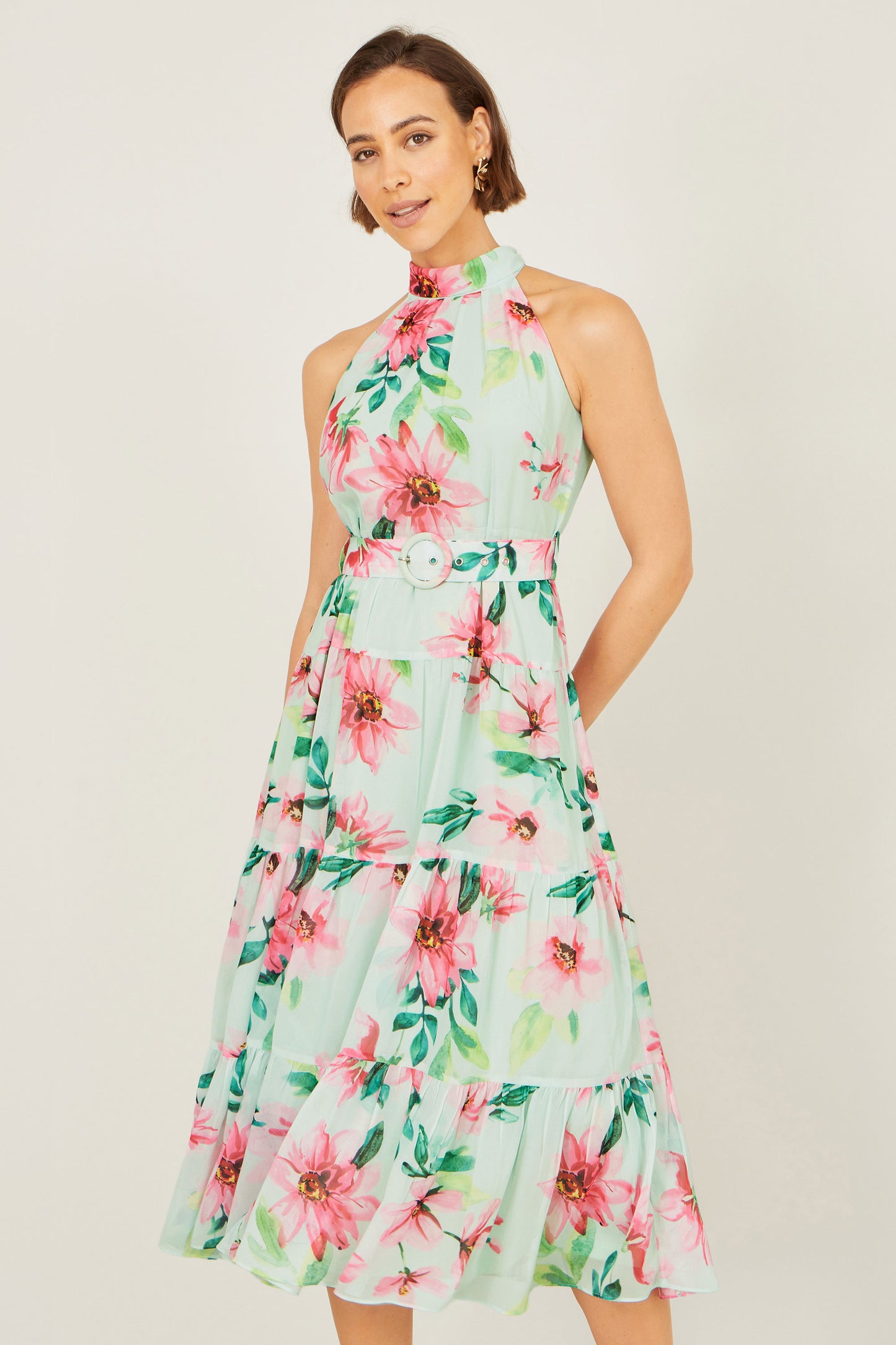 Yumi Mint Floral Halter Neck Midi Dress With Matching Belt Dress Occasion Yumi