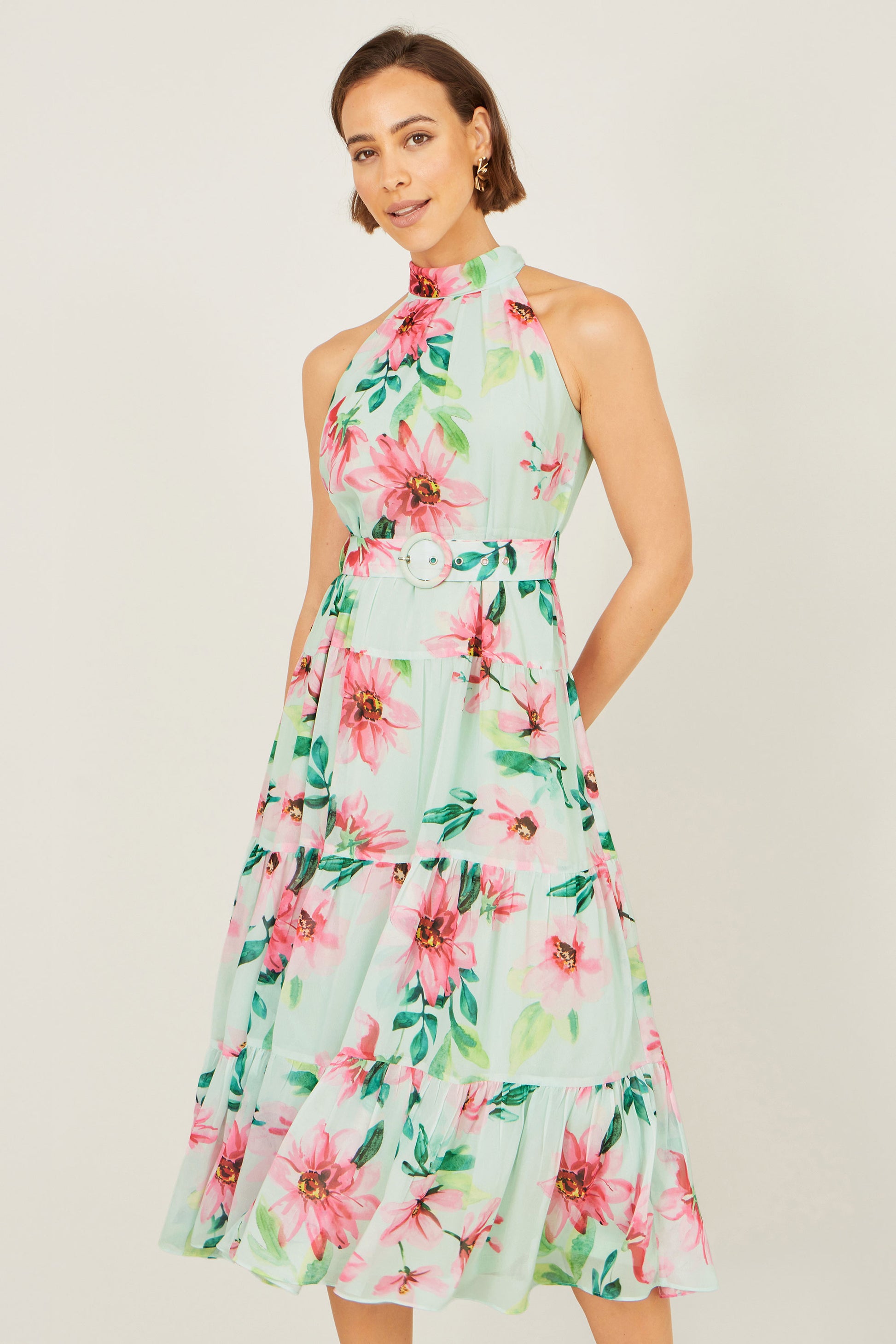 Yumi Mint Floral Halter Neck Midi Dress With Matching Belt Dress Occasion Yumi