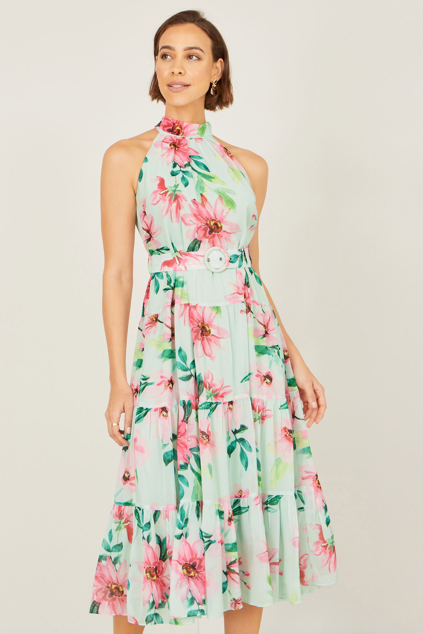Yumi Mint Floral Halter Neck Midi Dress With Matching Belt Dress Occasion Yumi