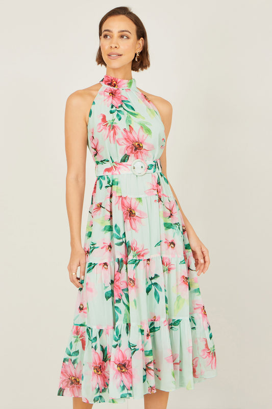Yumi Mint Floral Halter Neck Midi Dress With Matching Belt Dress Occasion Yumi