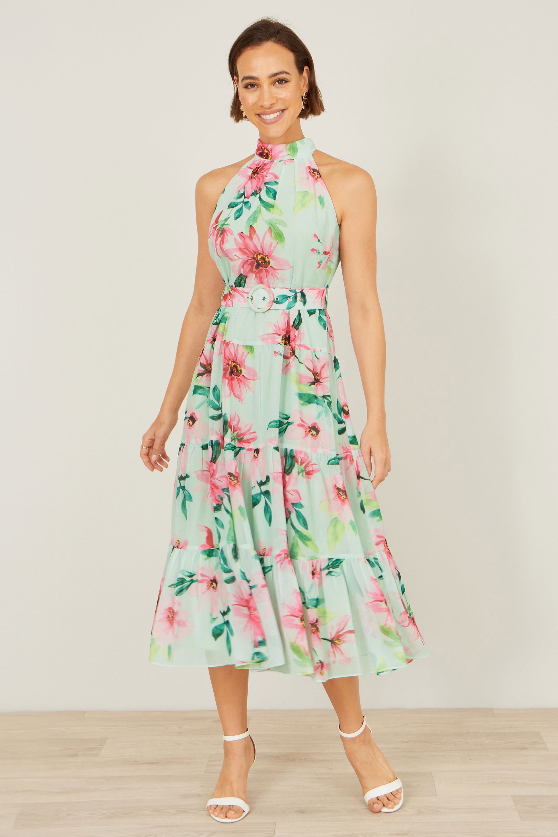 Yumi Mint Floral Halter Neck Midi Dress With Matching Belt Dress Occasion Yumi