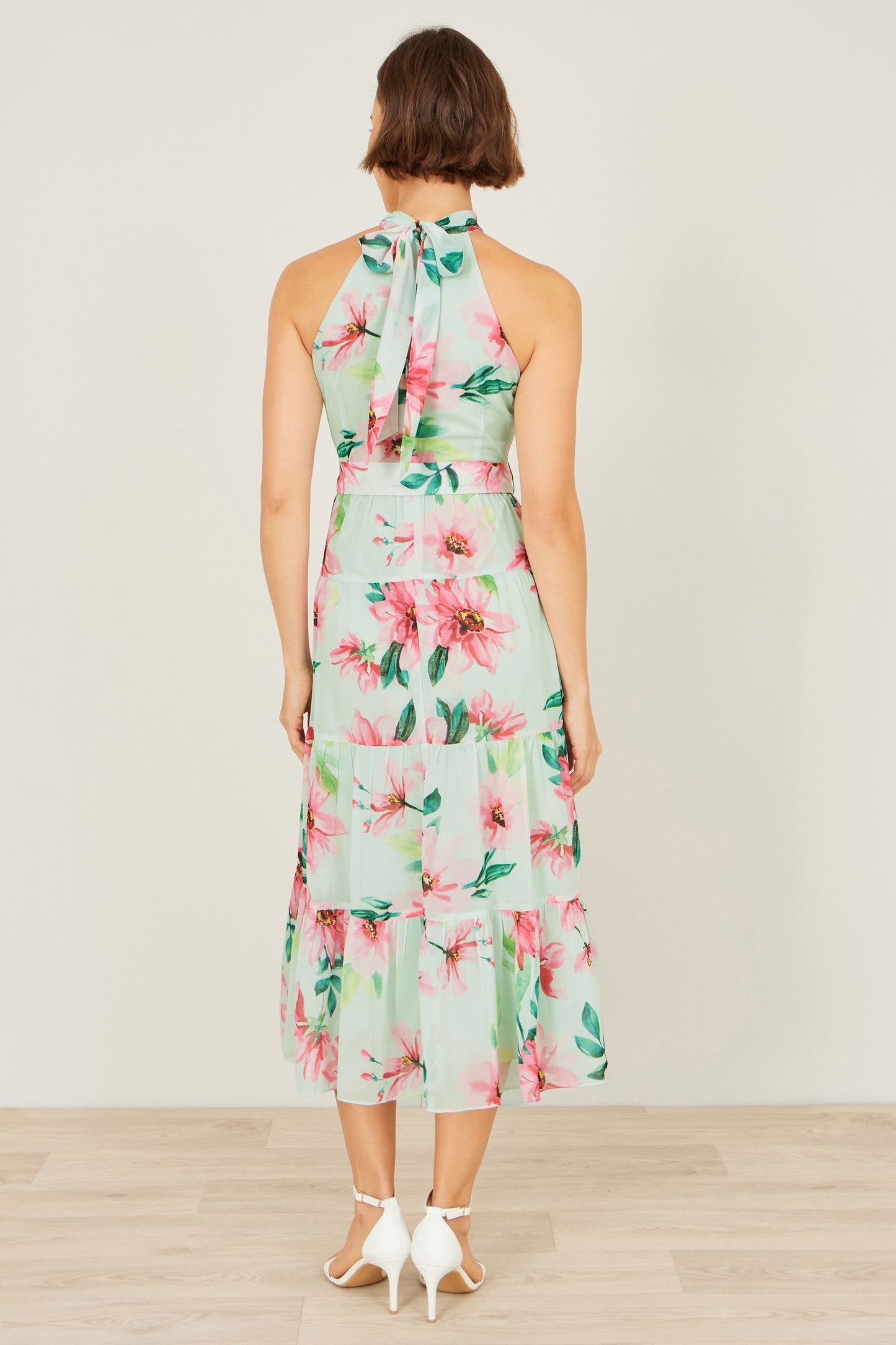 Yumi Mint Floral Halter Neck Midi Dress With Matching Belt Dress Occasion Yumi