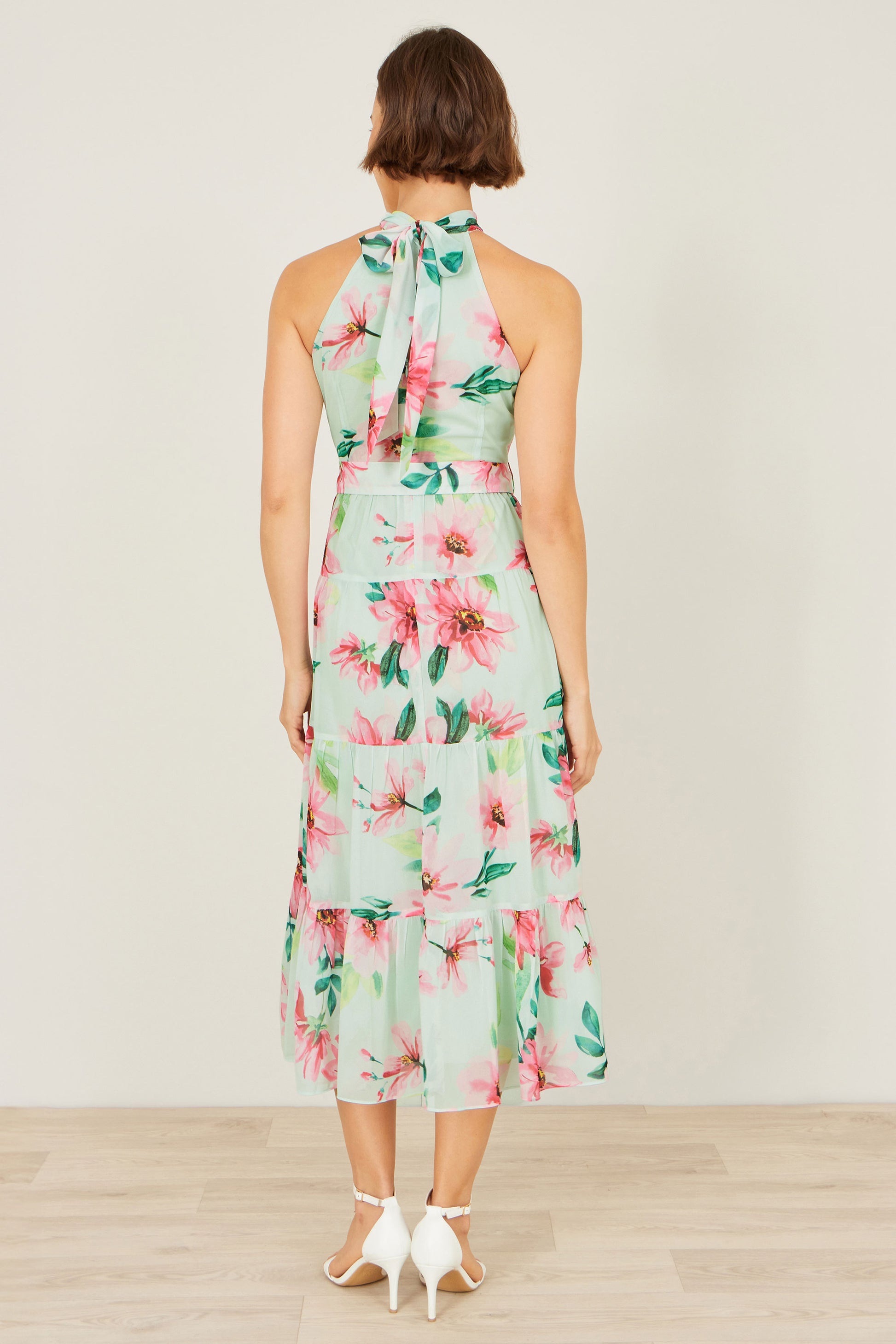 Yumi Mint Floral Halter Neck Midi Dress With Matching Belt Dress Occasion Yumi