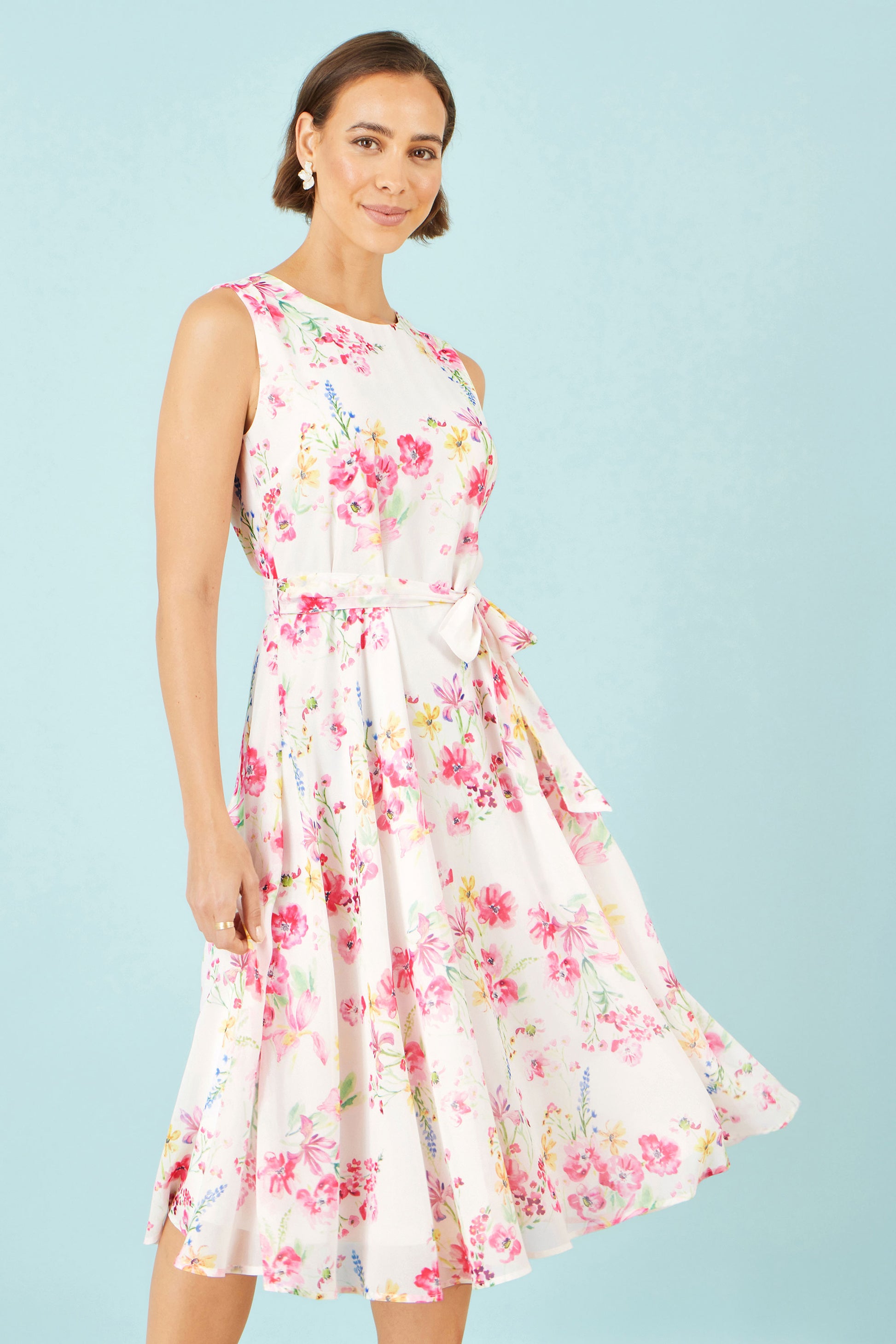 Yumi White Delicate Floral Midi Skater Dress Dress Casual Yumi